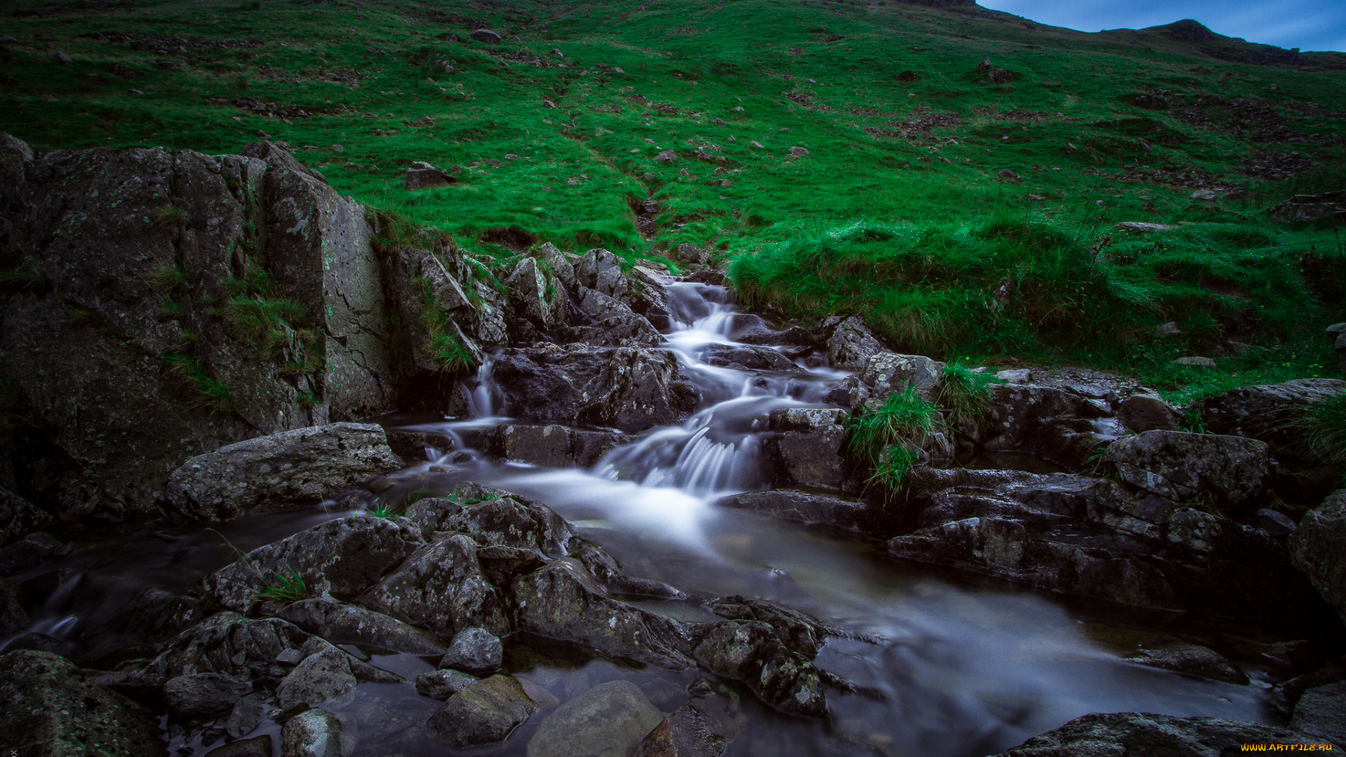 природа, реки, озера, камни, ручей, трава, холм