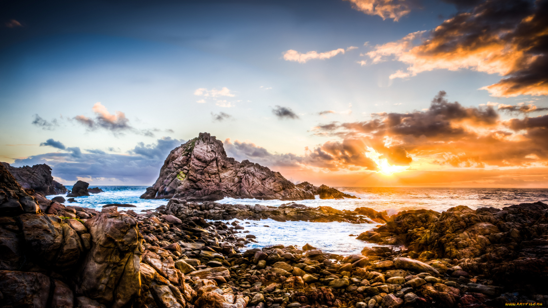 природа, восходы, закаты, камни, побережье, скалы, свет, волны, тучи, океан