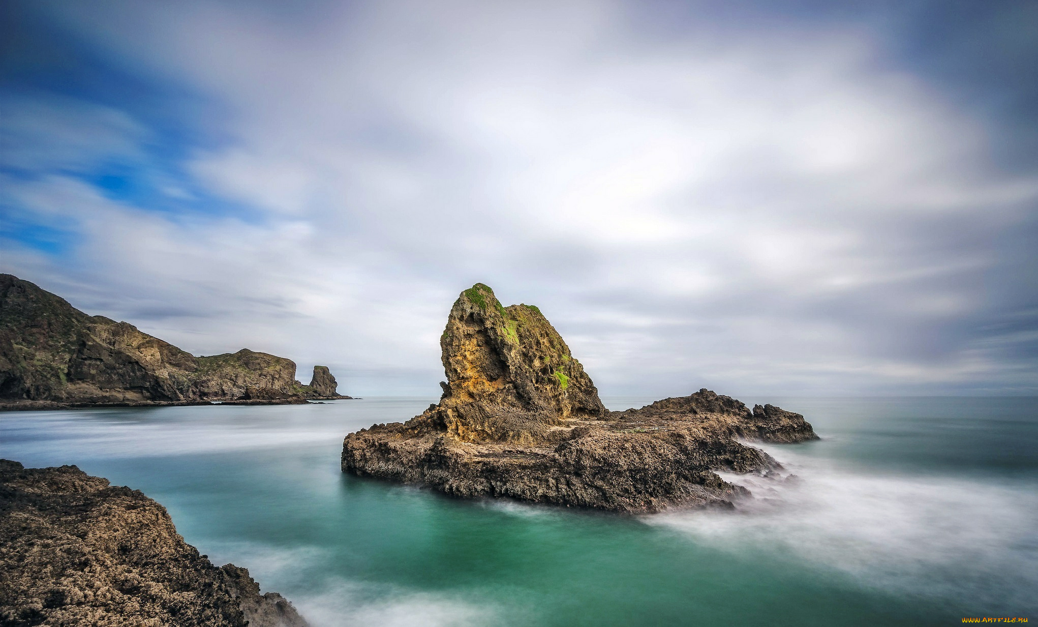 природа, побережье, океан, скалы, облака, туман