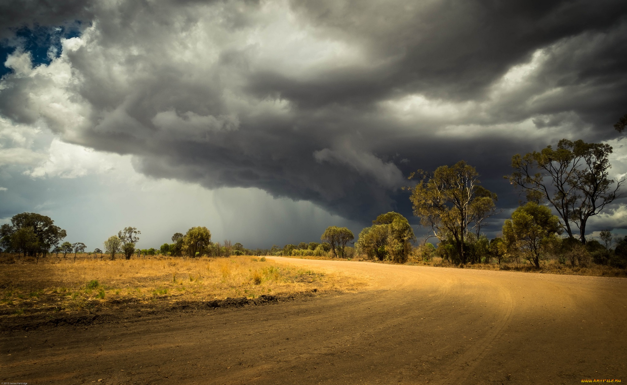 природа, дороги, тучи, деревья, дорога, поле