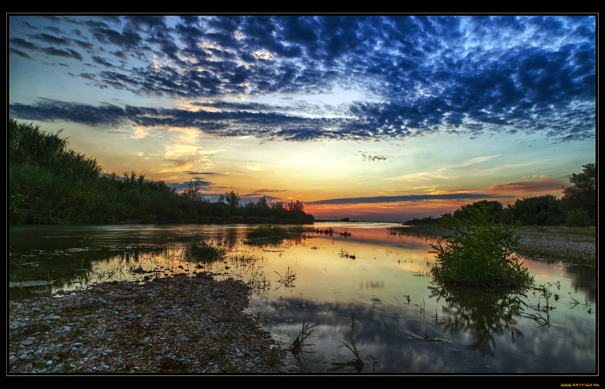 природа, реки, озера, лес, вечер, тучи, зарево, река