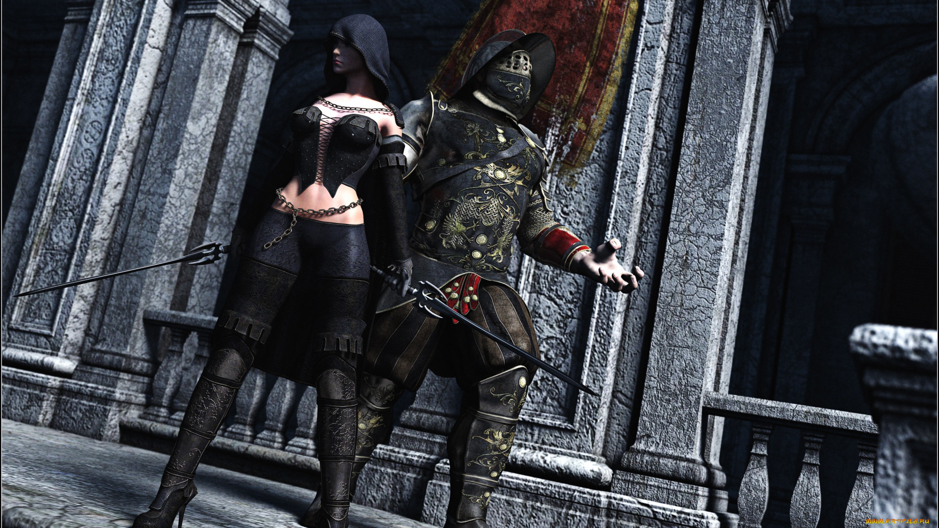 3д, графика, фантазия, , fantasy, девушка, мужчина, оружие