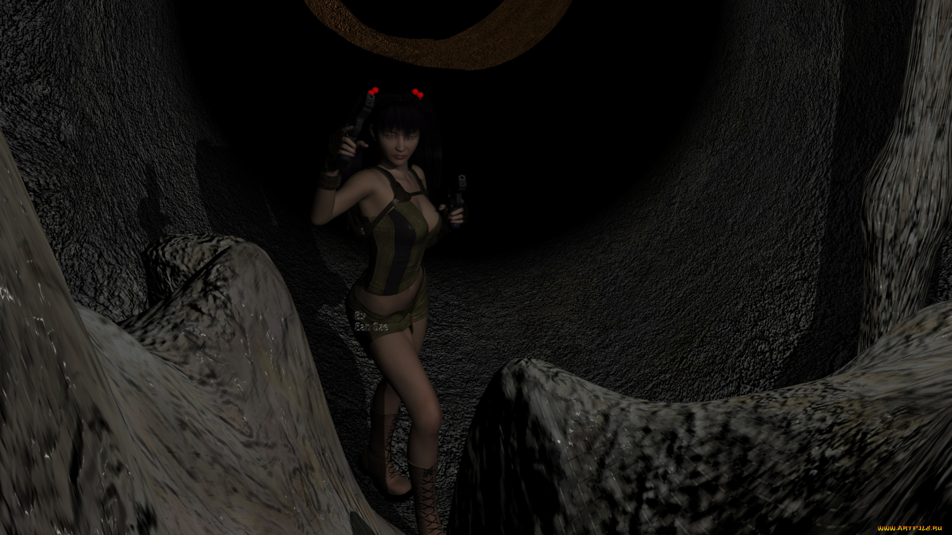 3д, графика, фантазия, , fantasy, девушка, оружие, фон, взгляд