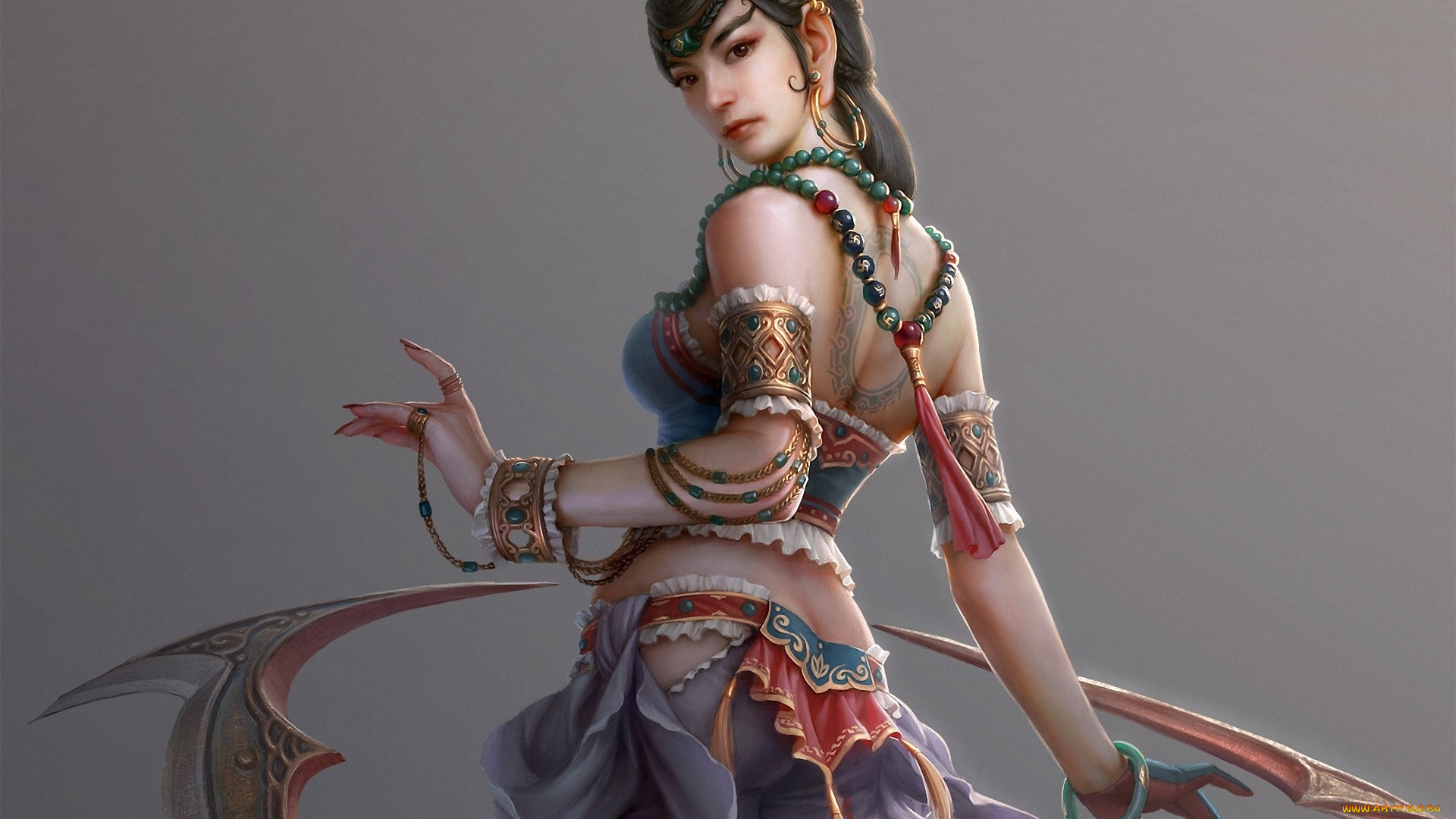 3д, графика, фантазия, , fantasy, тату, оружие, фон, взгляд, девушка