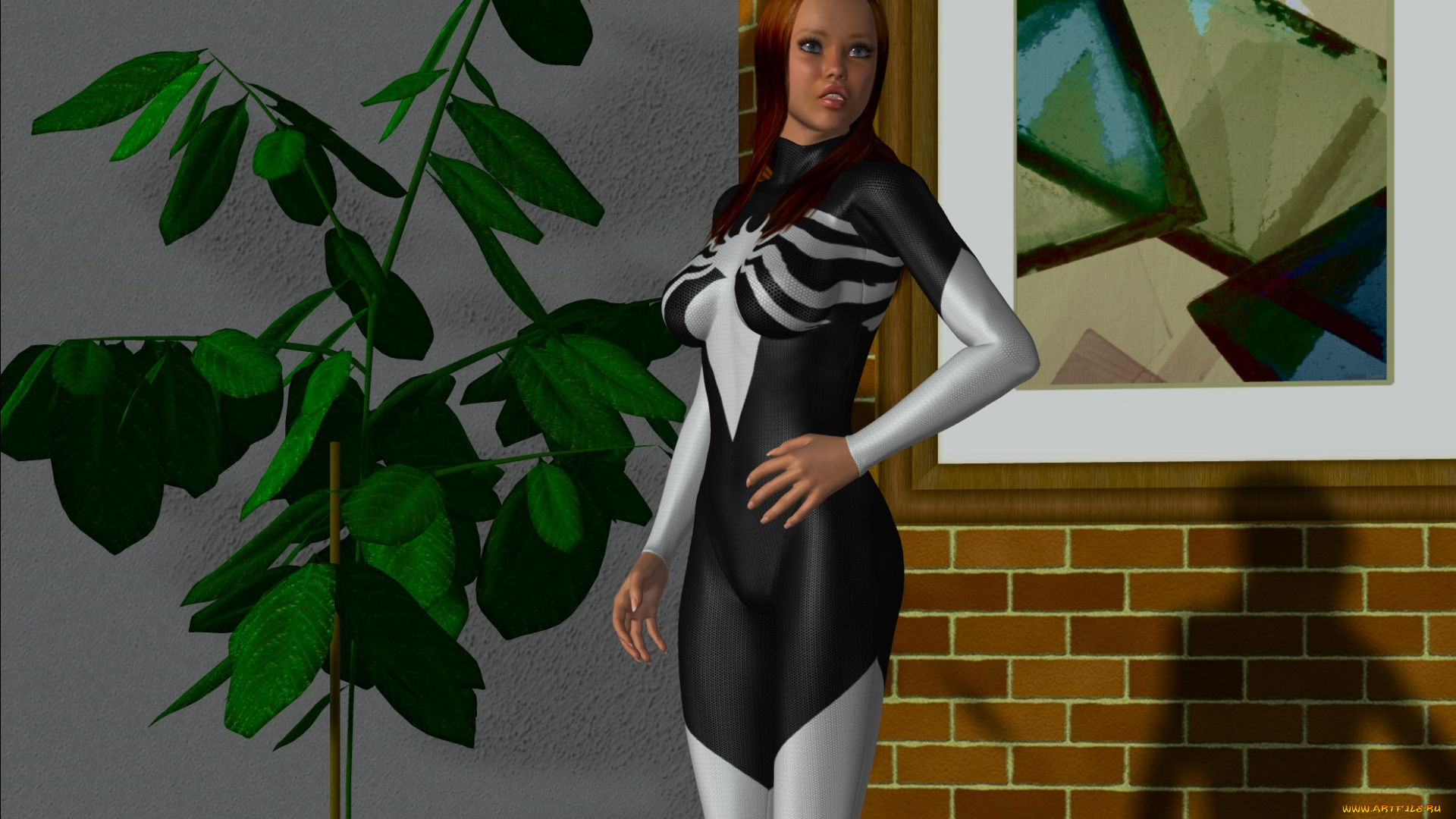 3д, графика, люди, , people, девушка, взгляд, фон, растение, стена