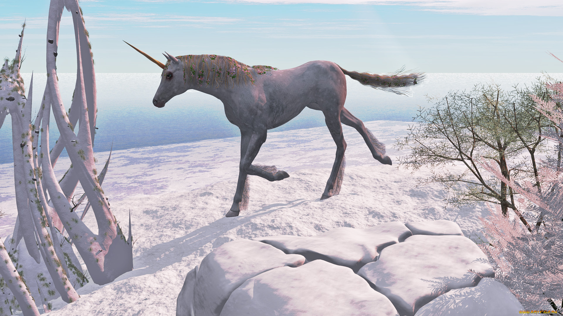 3д, графика, животные, , animals, единорог, деревья, снег