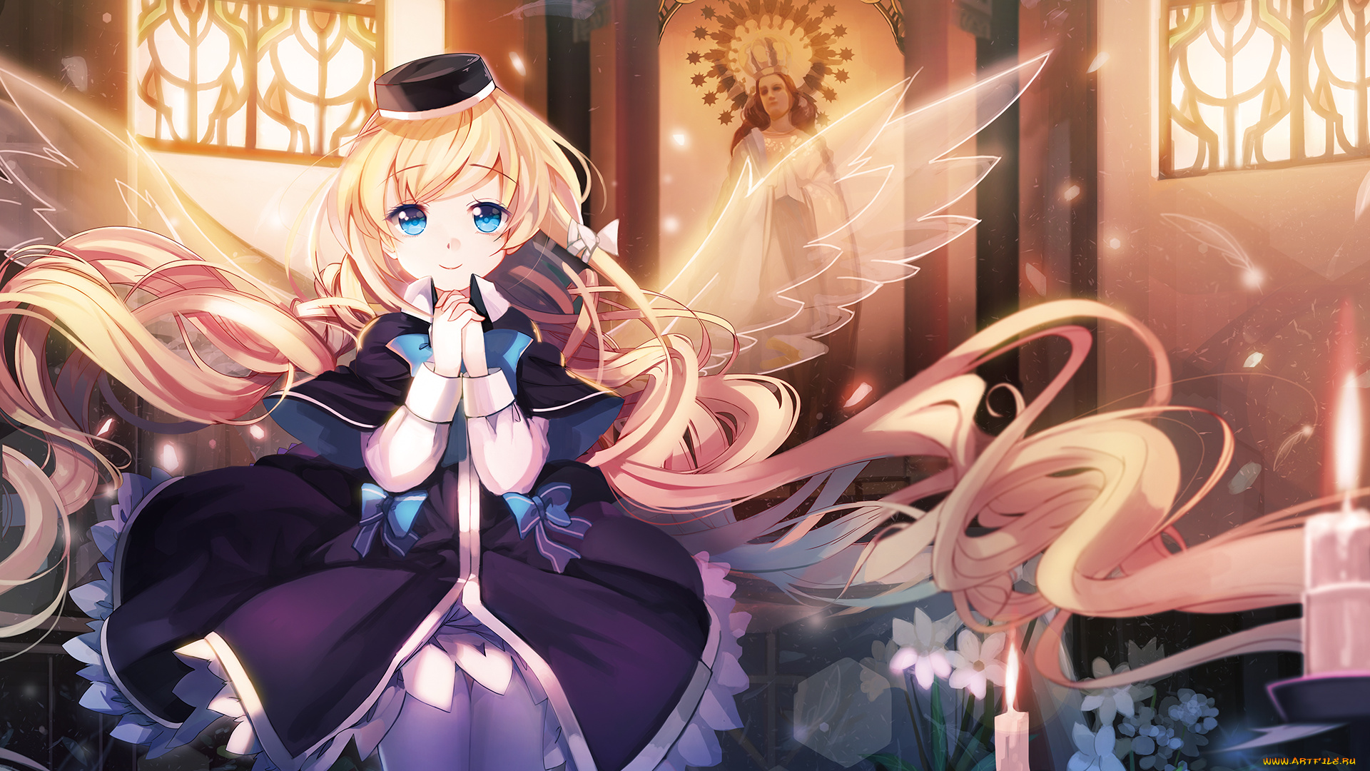 аниме, -angels, &, demons, крылья, ангел, церковь, девушка, взгляд