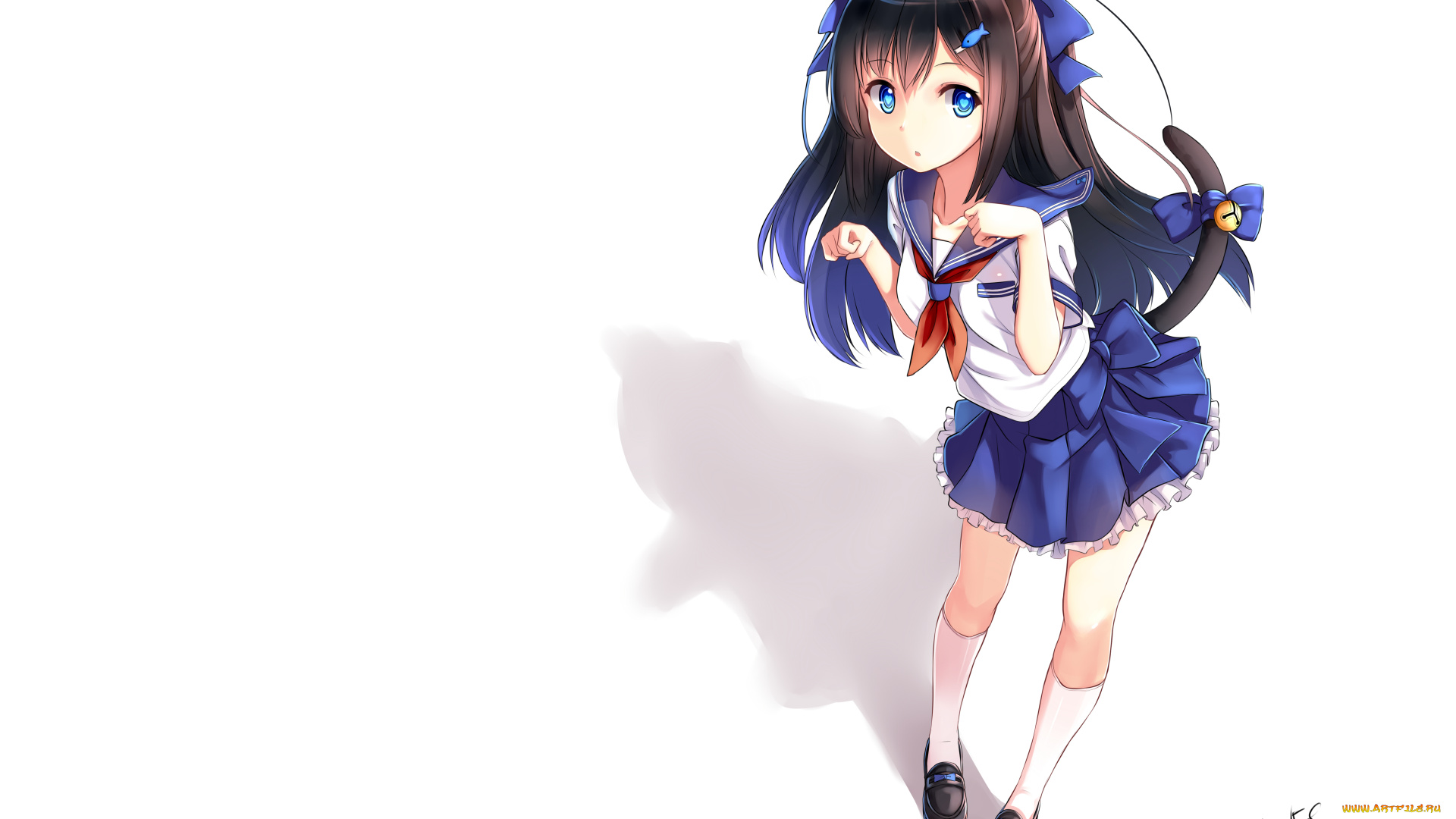 аниме, -animals, &, creatures, взгляд, ушки, колокольчик, хвост, белый, девушка, брюнетка, фон