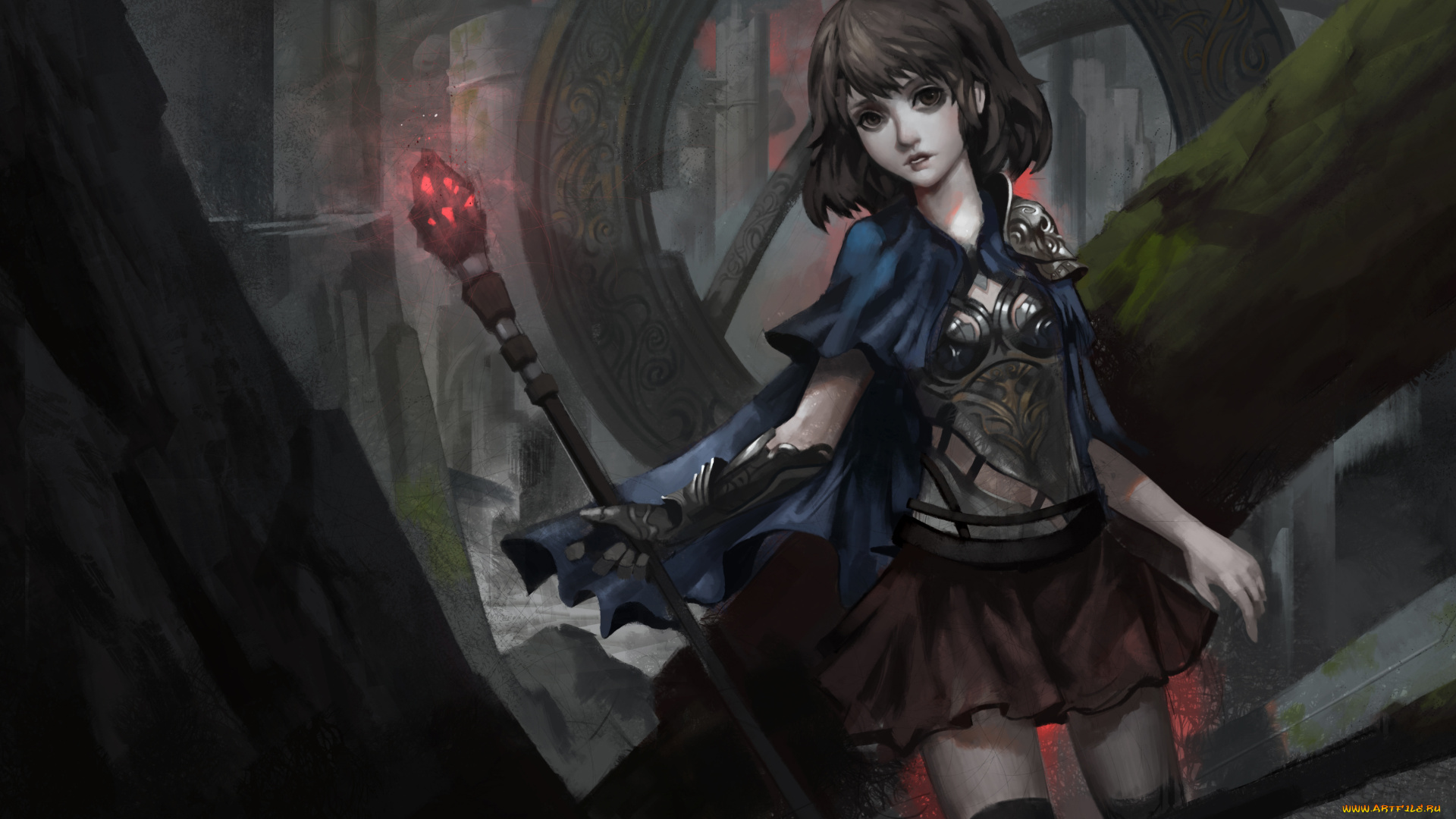 аниме, -weapon, , blood, &, technology, взгляд, руины, мрачно, арт, камень, посох, девушка, baka-, mh6516620