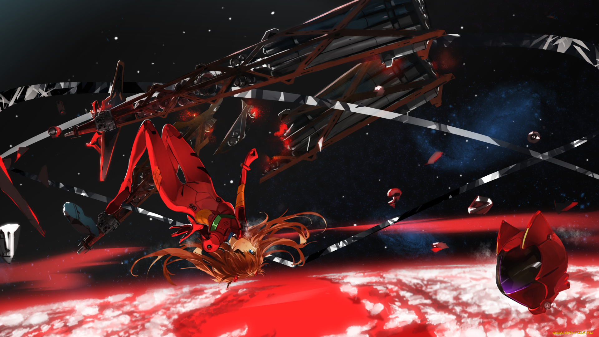 аниме, evangelion, девушка, шлем, genesis, neon, планета, космос, арматура, обломки