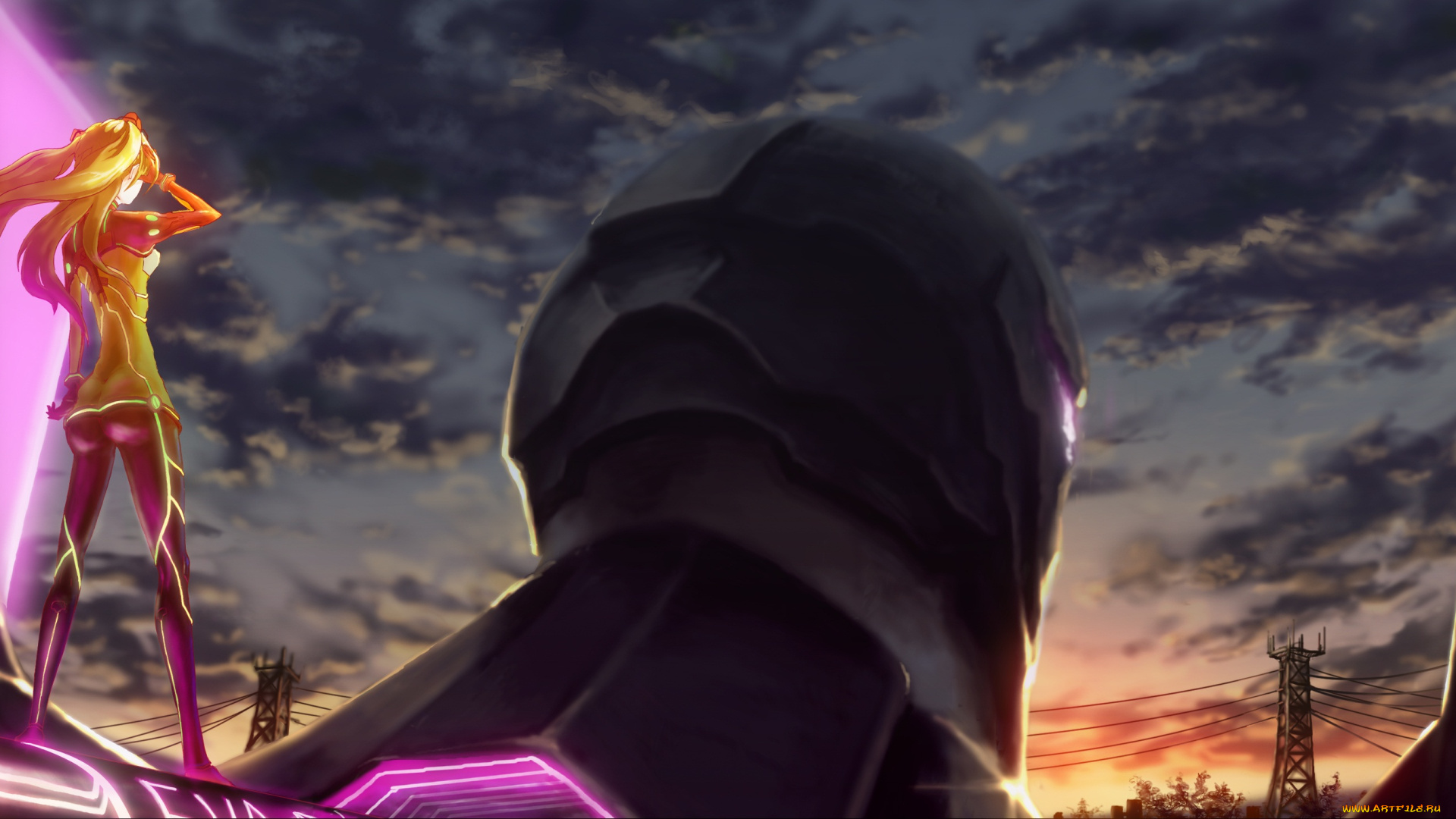 аниме, evangelion, облака, вечер, робот, закат, небо, девушка, genesis, neon