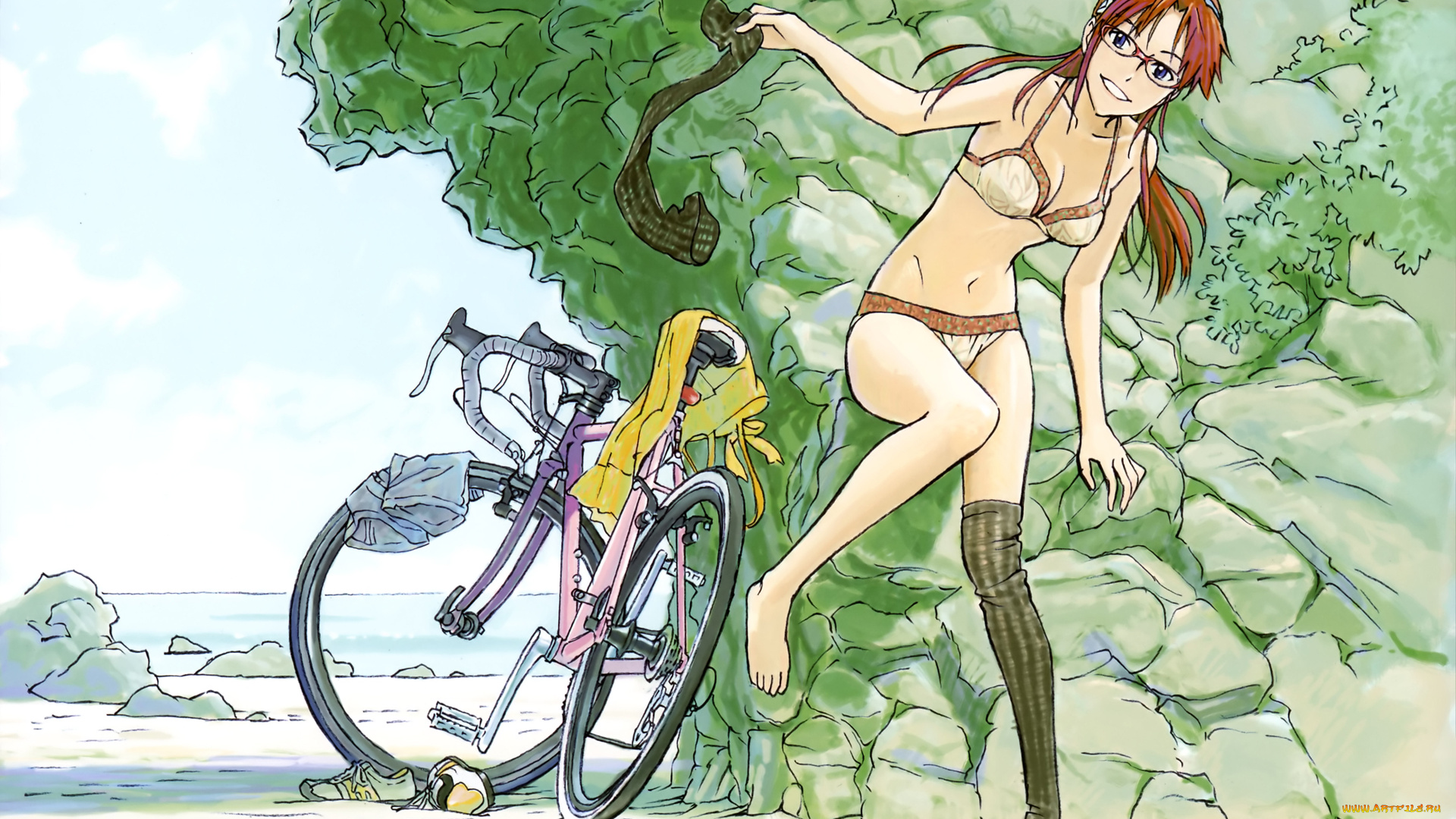 аниме, evangelion, пляж, арт, девушка, genesis, neon, деревья