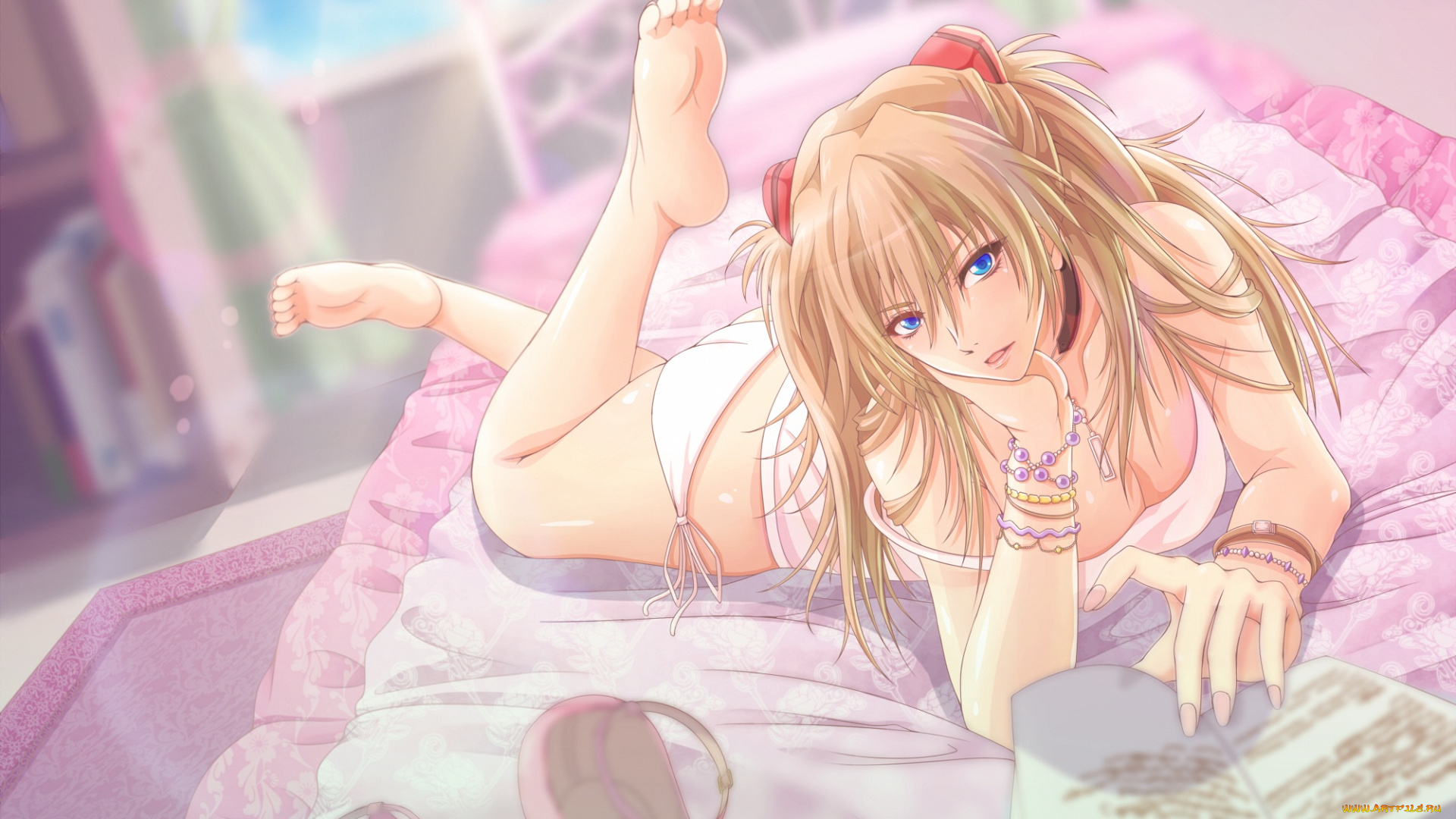 аниме, evangelion, soryu, блондинка, взгляд, постель, девушка, langley, asuka