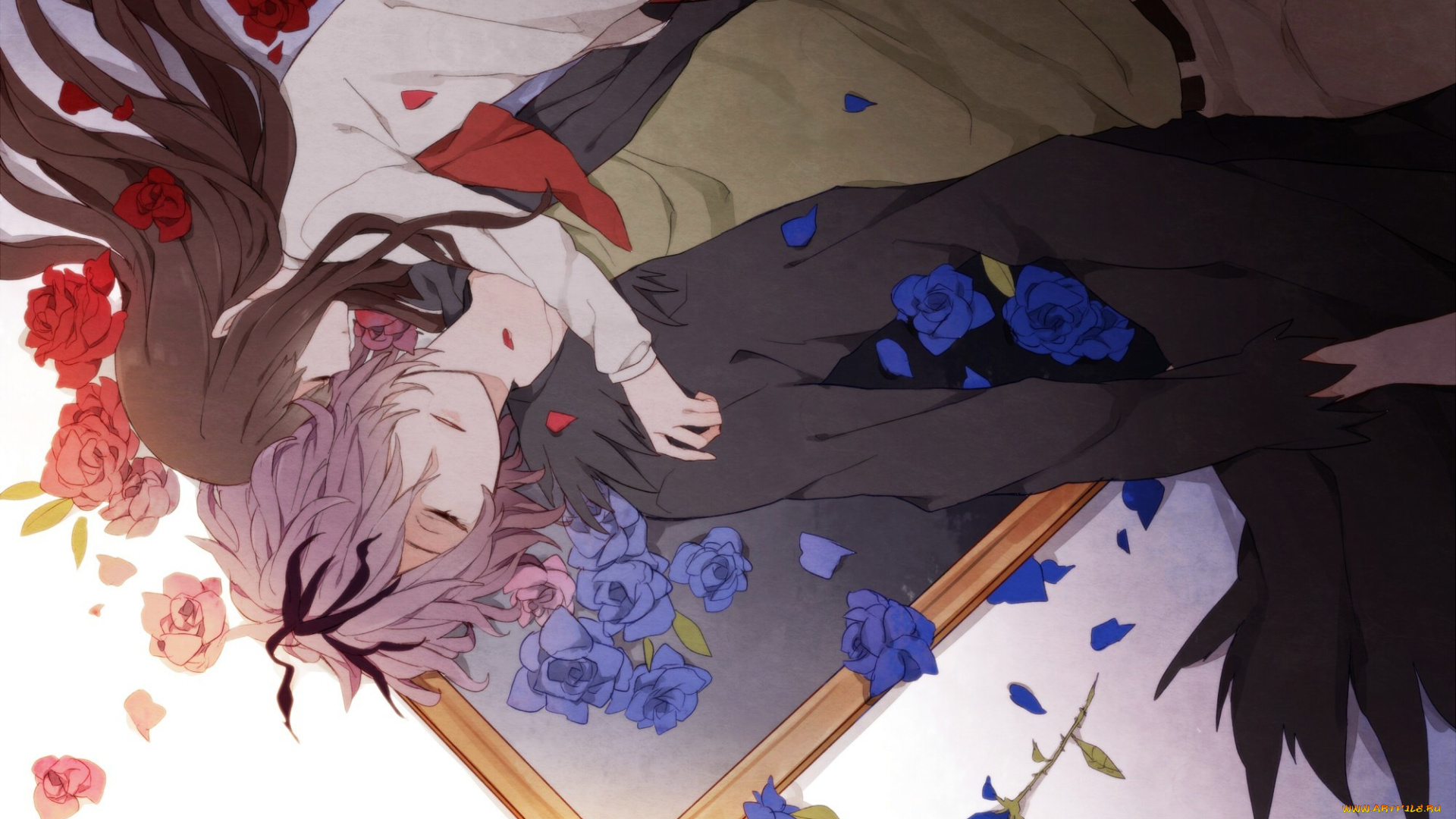аниме, ib, garry, картина, лепестки, цветы, крылья, shio, tsuitta, арт, парень, девушка, eve