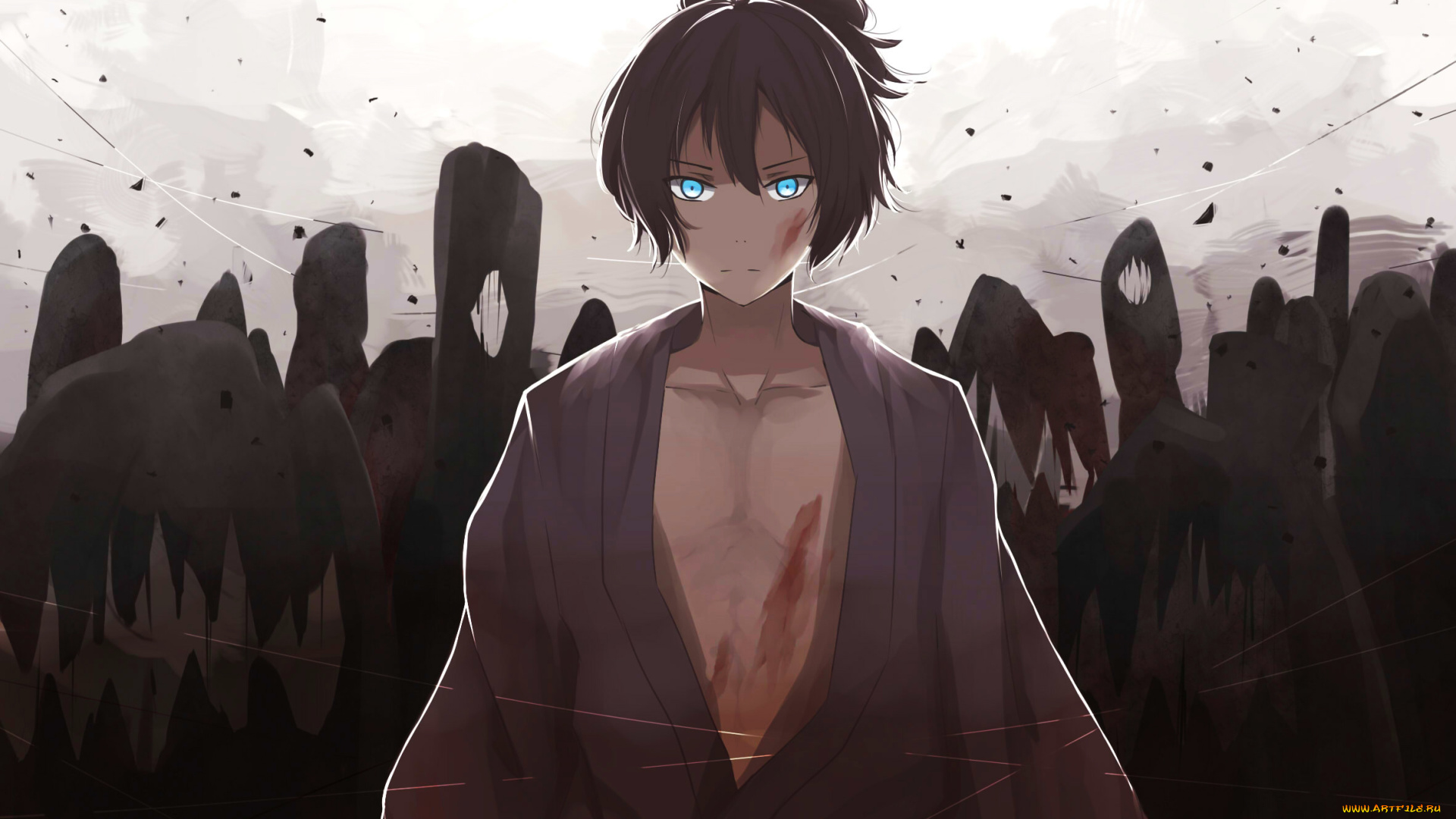 аниме, noragami, арт, yato, gkn, levi, кровь, парень