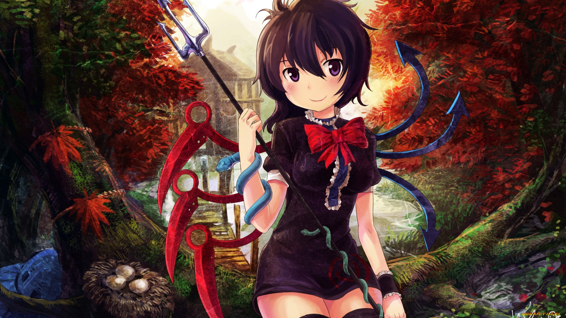 аниме, touhou, река, природа, брюнетка, трезубец, ветка, гнездо, дом, дерево, арт, девушка, тоухоу