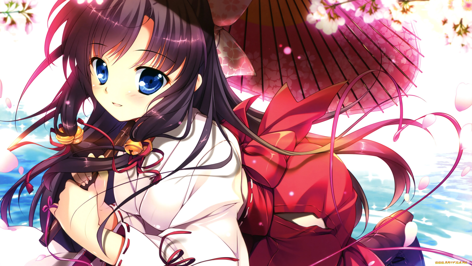 аниме, *unknown, , другое, цветы, колокольчик, бант, mikeou, девушка, зонтик