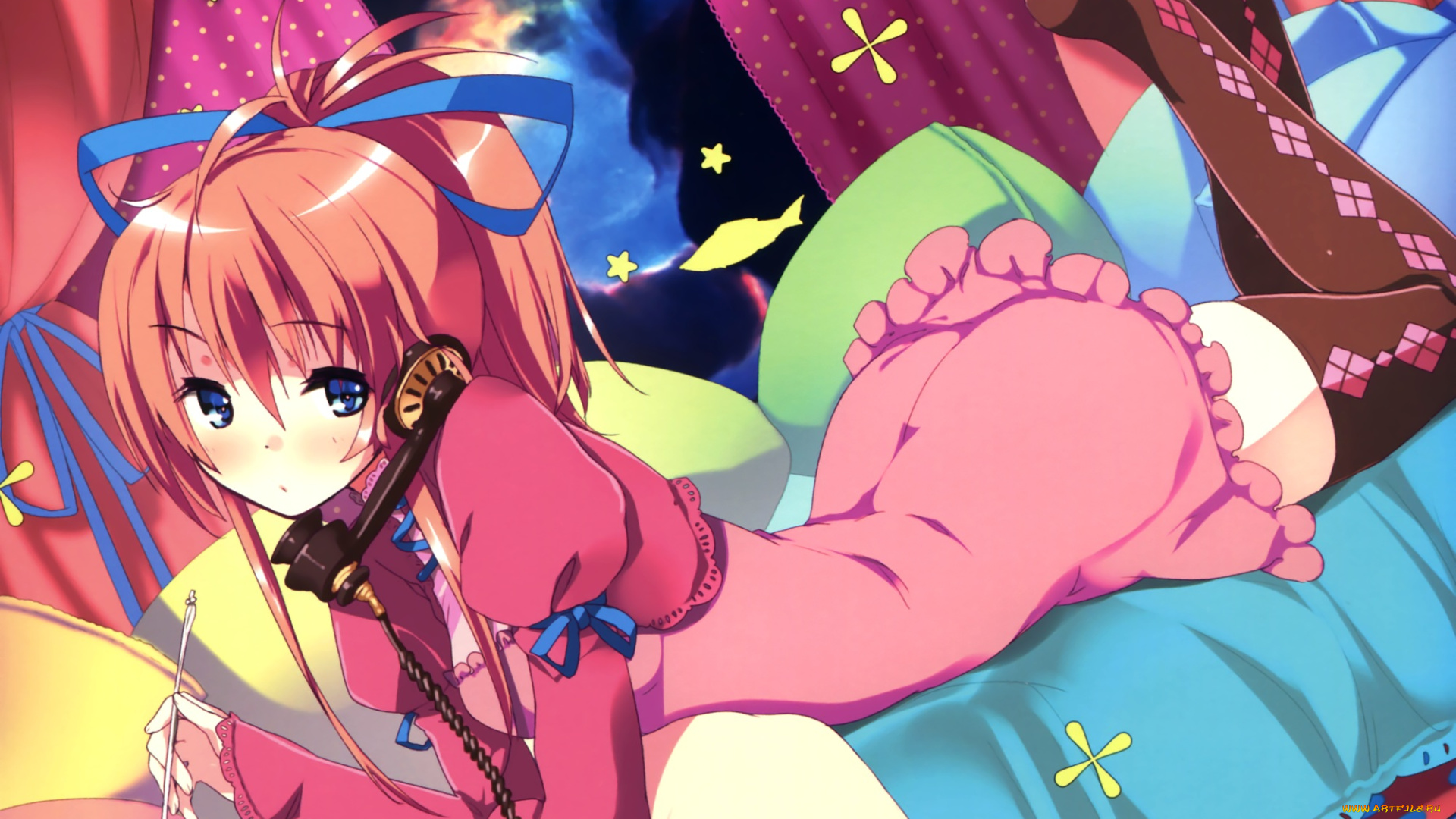 аниме, *unknown, , другое, месяц, звёзды, refeia, занавески, подушки, телефон, лежит, девушка, арт