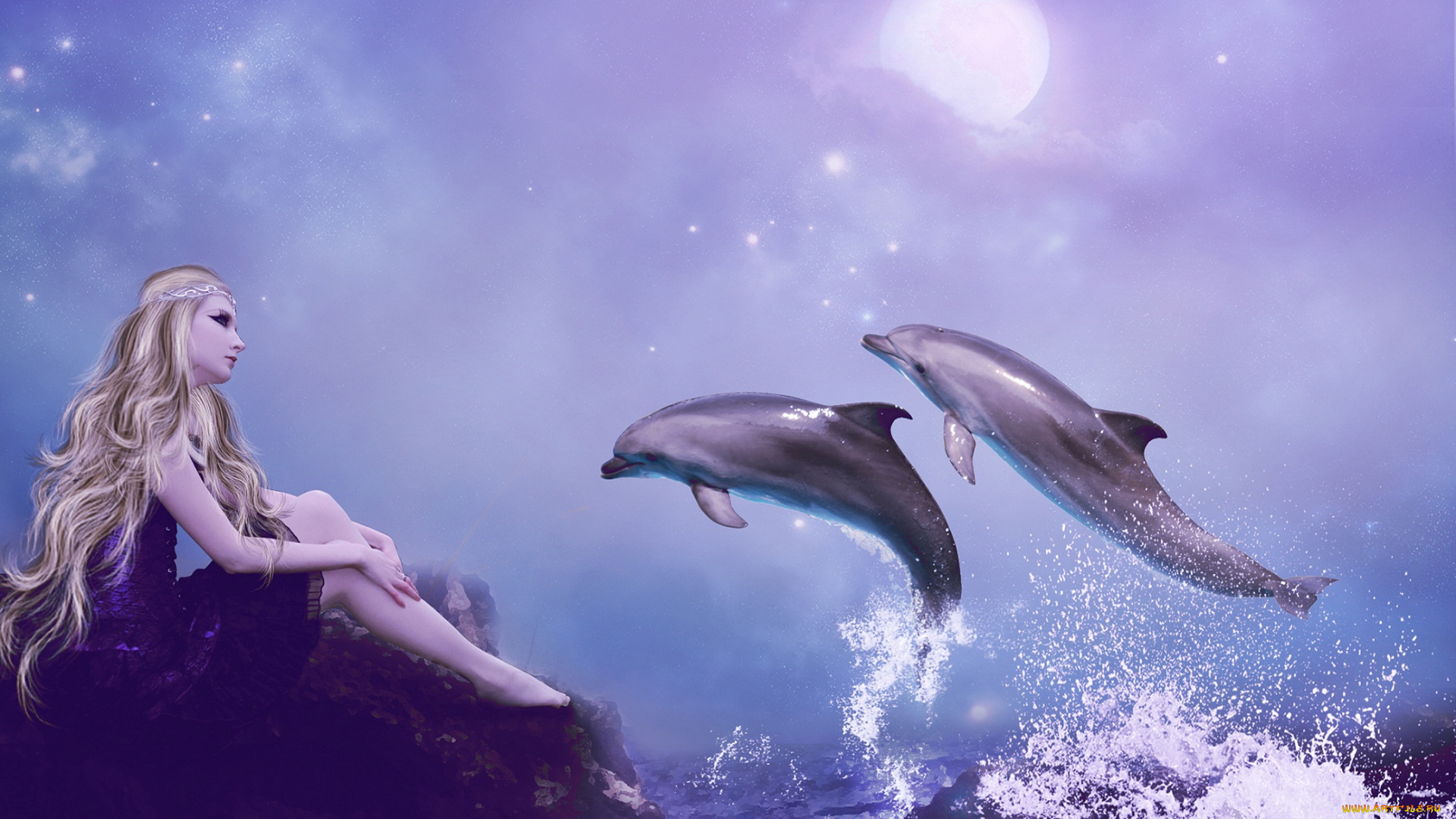 фэнтези, девушки, фантастика, девушка, сидит, блондинка, волосы, длинные, профиль, взгляд, платье, руки, море, дельфины, брызги, небо