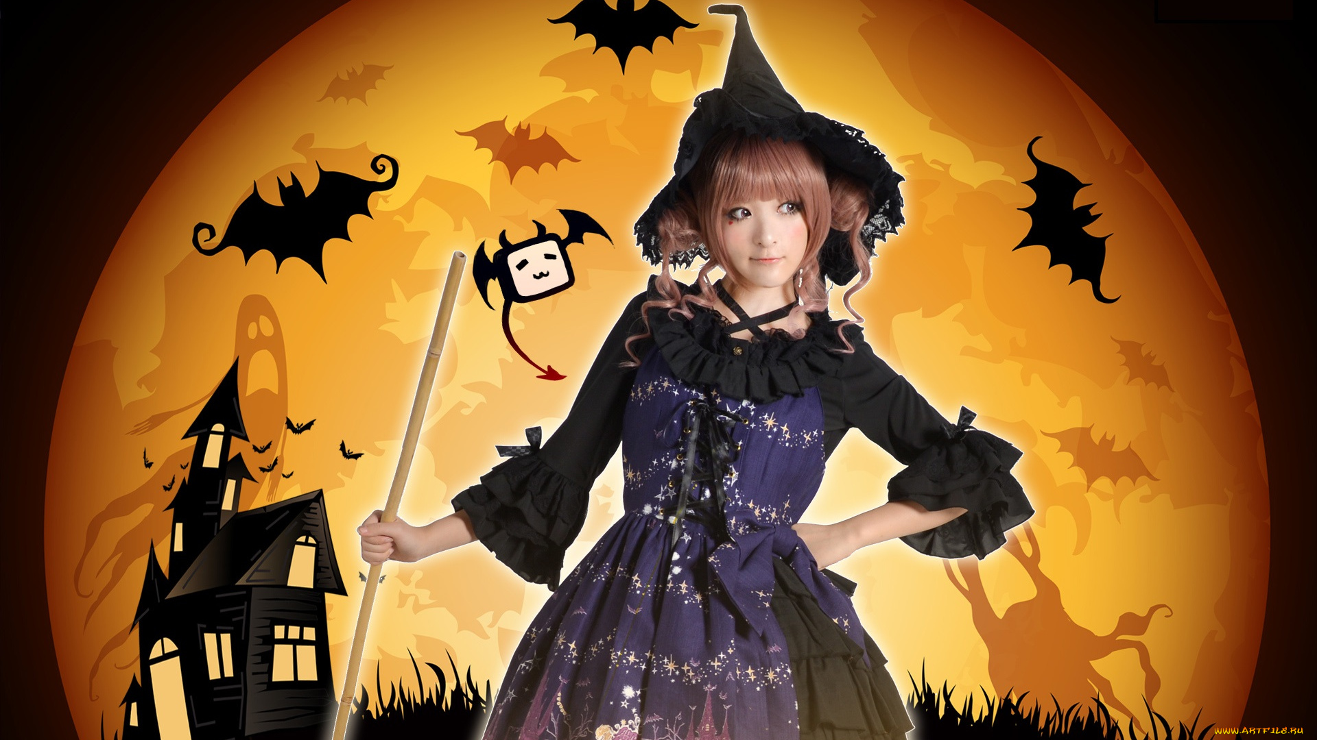 разное, компьютерный, дизайн, летучие, мыши, луна, шляпа, взгляд, девушка