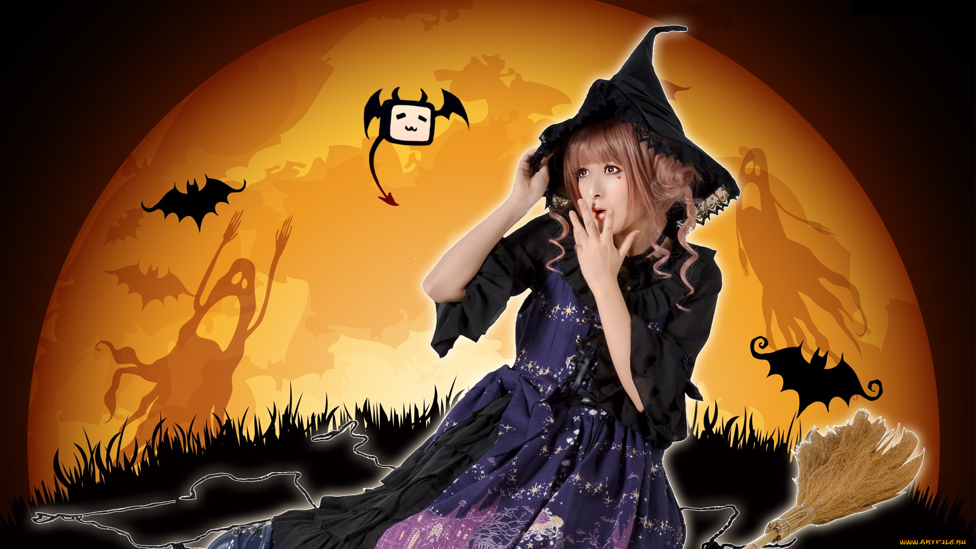 разное, компьютерный, дизайн, летучие, мыши, девушка, шляпа, луна, метла, взгляд
