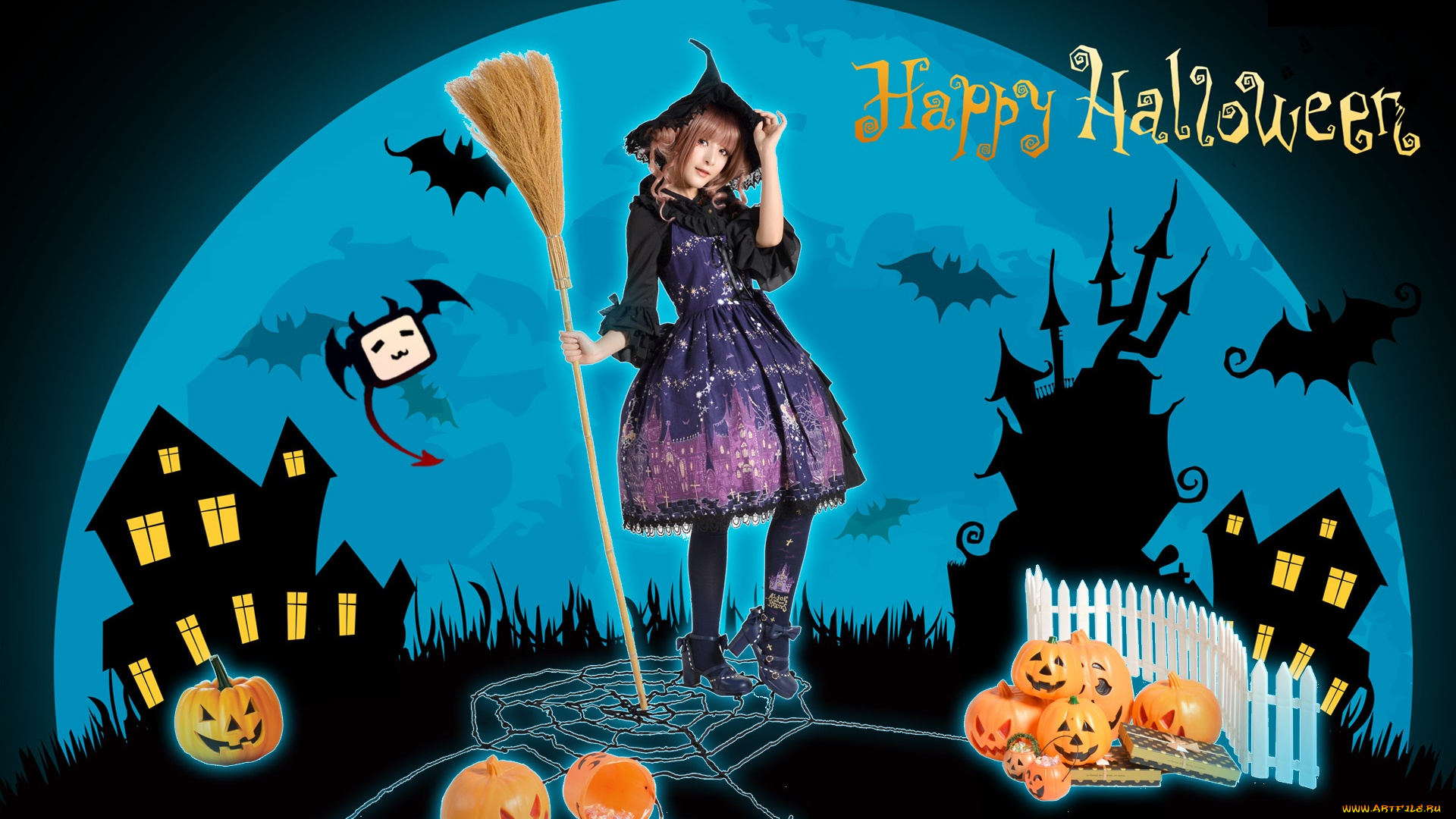разное, компьютерный, дизайн, луна, метла, шляпа, летучие, мыши, тыквы, девушка, взгляд