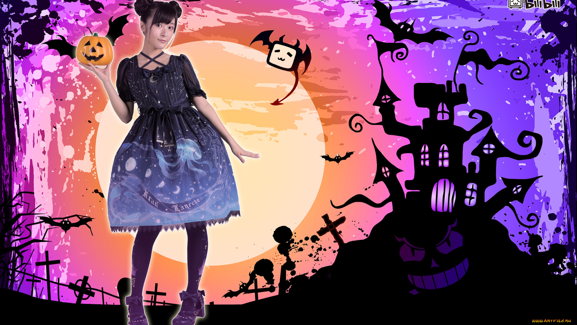 разное, компьютерный, дизайн, тыква, луна, взгляд, девушка, летучие, мыши