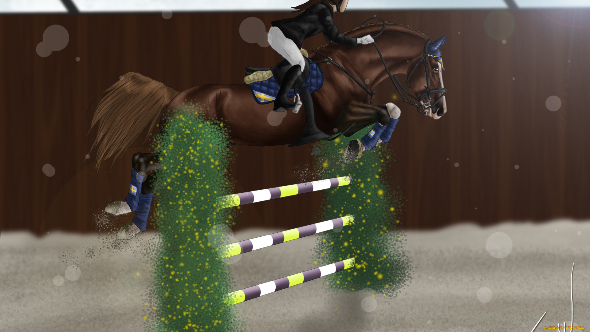 рисованное, животные, , лошади, лошадь, барьер, наездник