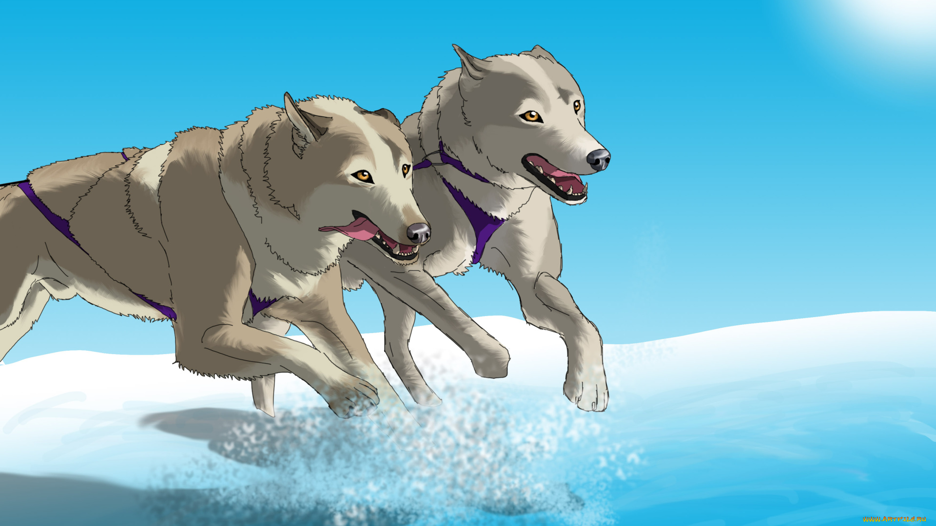 рисованное, животные, , собаки, собаки, снег, фон