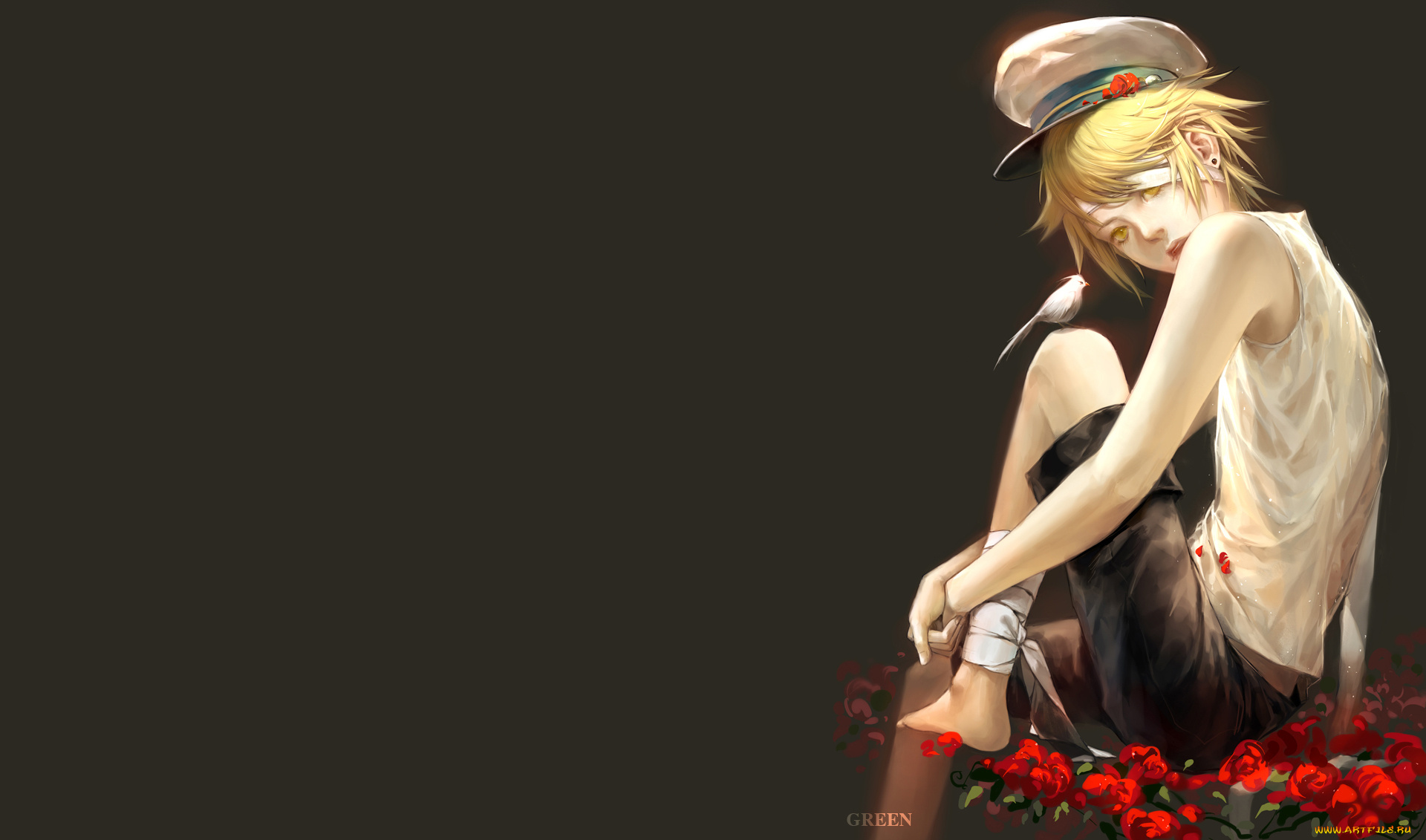 аниме, *unknown, , другое, цветы, кепка, парень, темный, фон, птичка, красные, бинты, взгляд