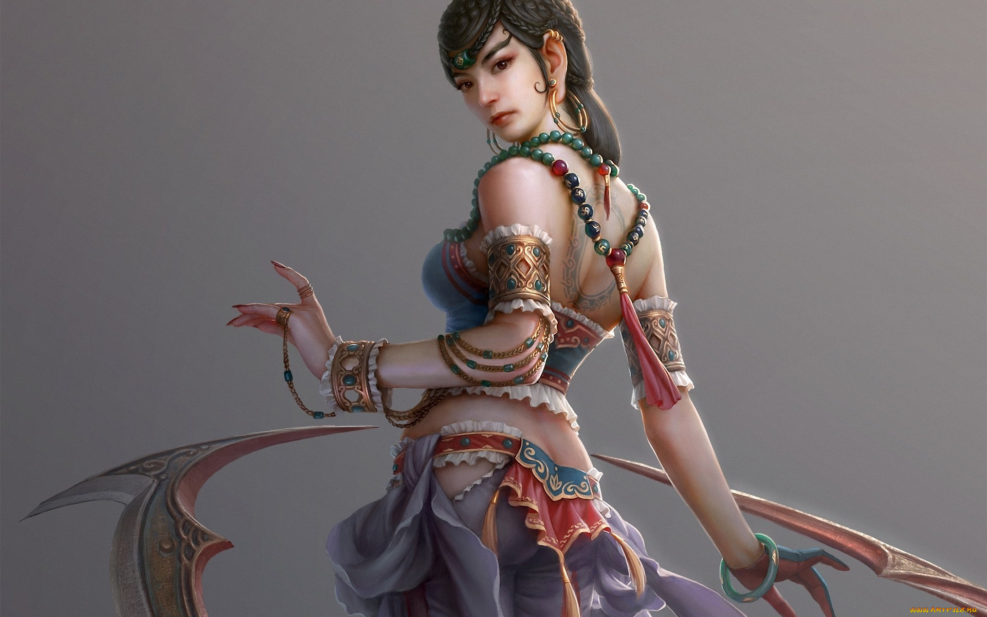 3д, графика, фантазия, , fantasy, тату, оружие, фон, взгляд, девушка