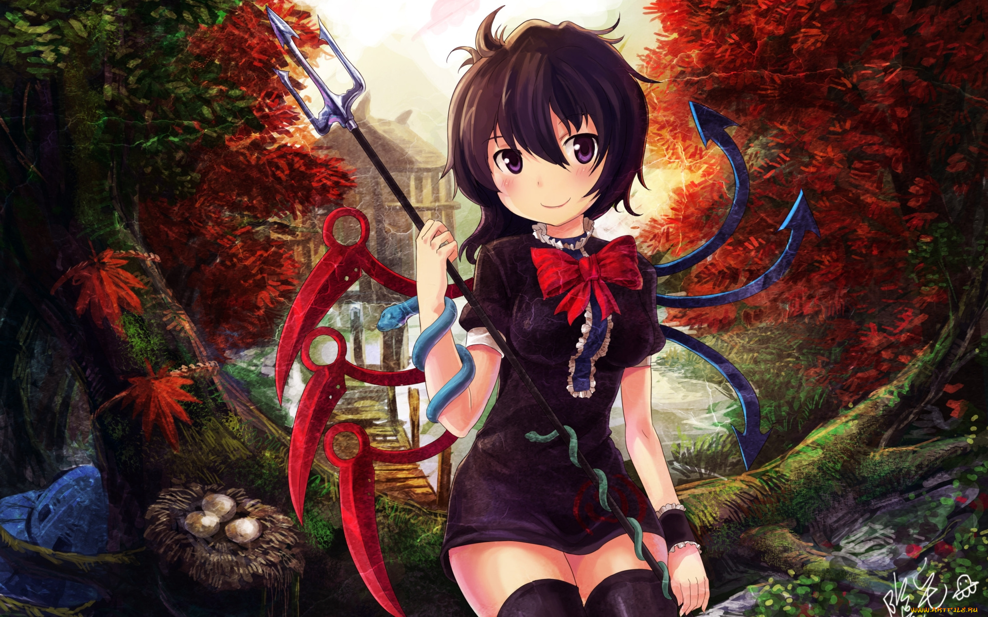 аниме, touhou, река, природа, брюнетка, трезубец, ветка, гнездо, дом, дерево, арт, девушка, тоухоу