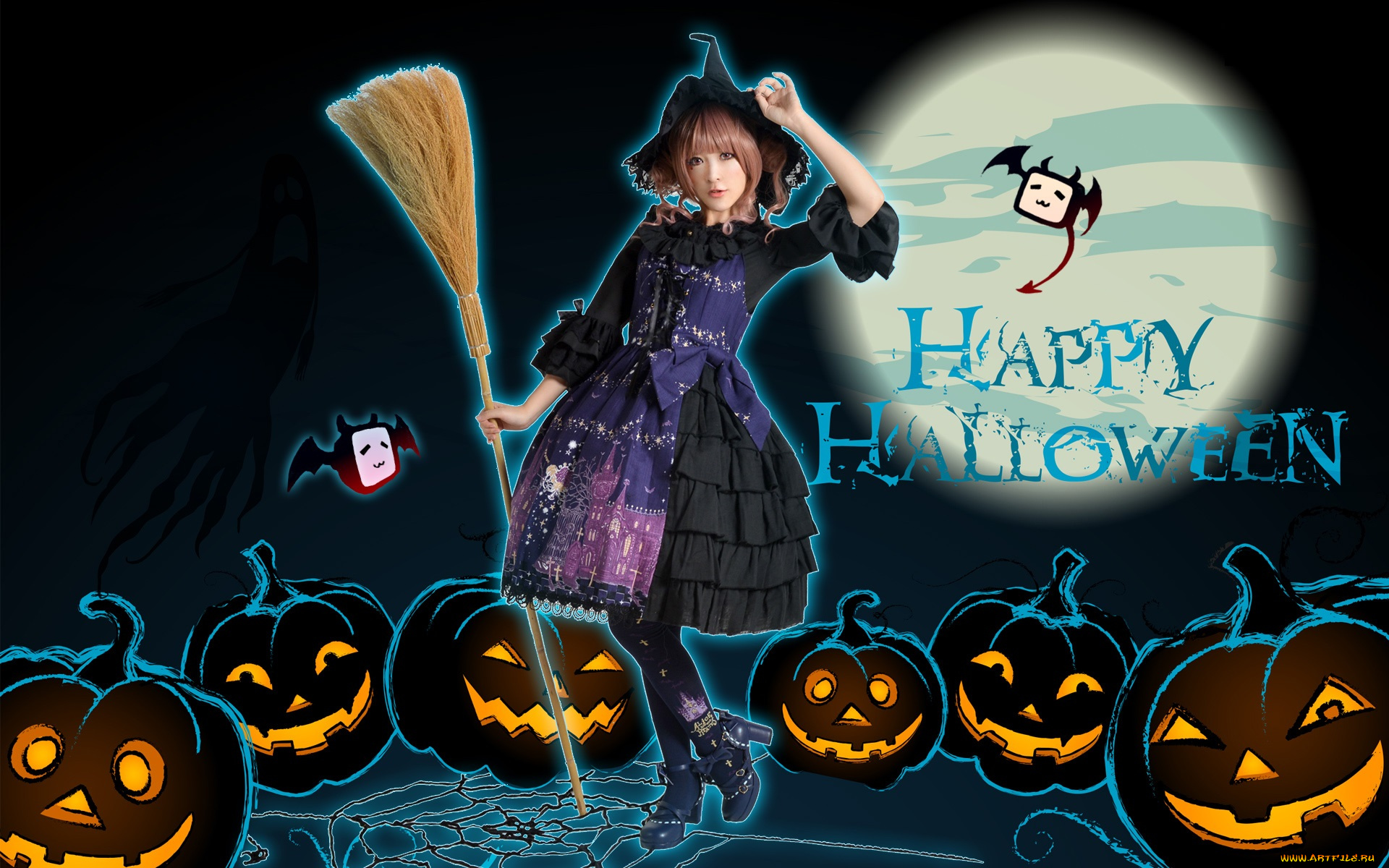 разное, компьютерный, дизайн, девушка, луна, тыквы, шляпа, летучие, мыши, метла, взгляд