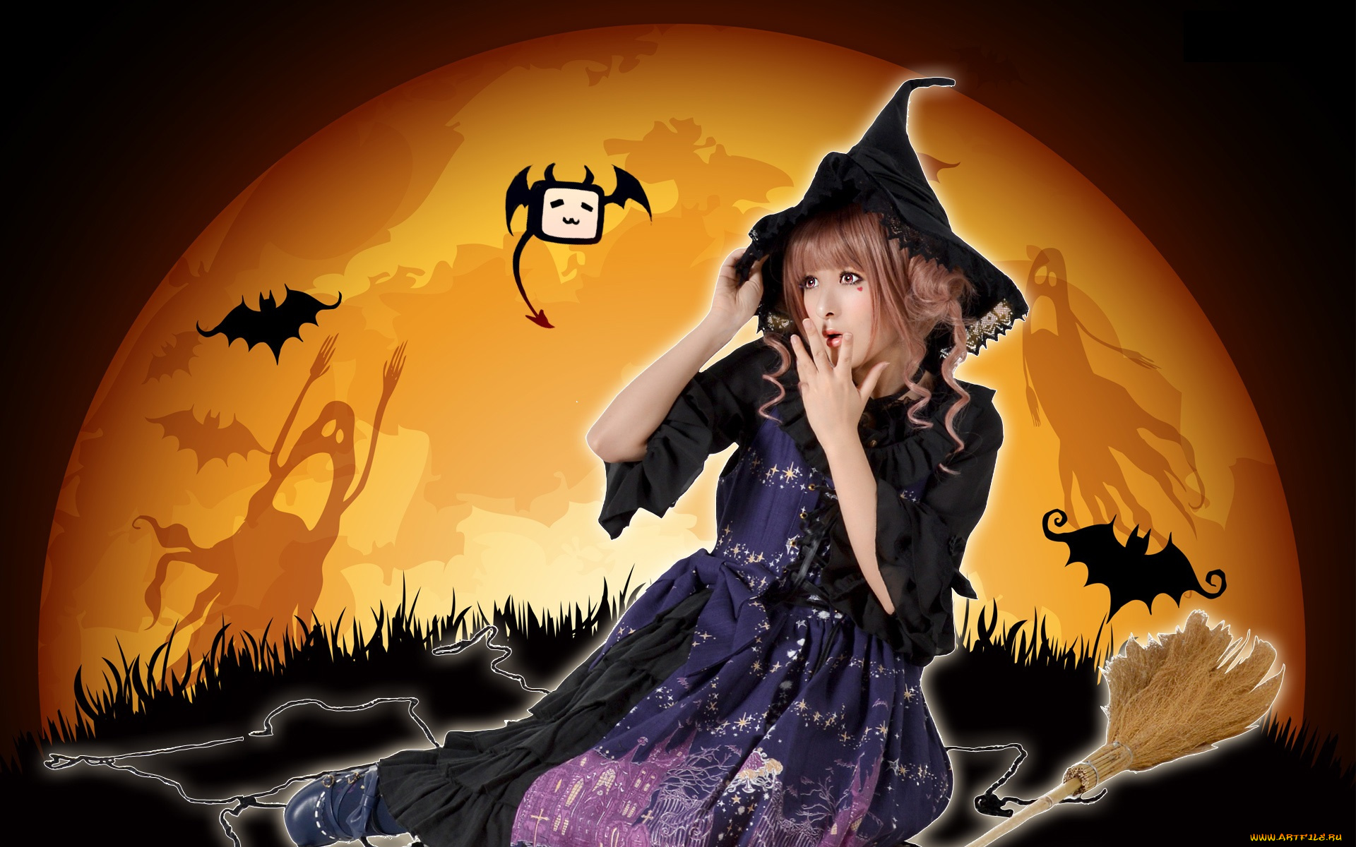 разное, компьютерный, дизайн, летучие, мыши, девушка, шляпа, луна, метла, взгляд