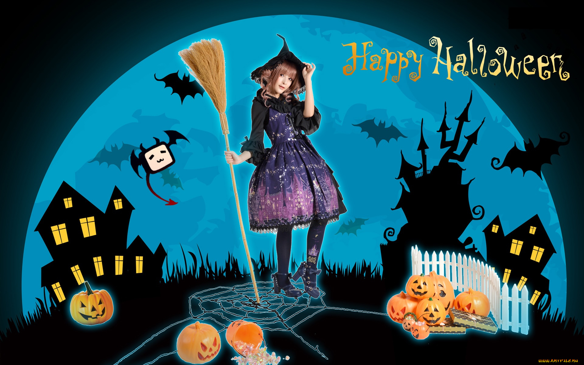 разное, компьютерный, дизайн, луна, метла, шляпа, летучие, мыши, тыквы, девушка, взгляд