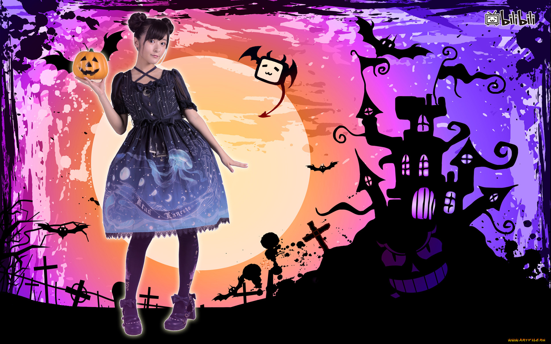 разное, компьютерный, дизайн, тыква, луна, взгляд, девушка, летучие, мыши