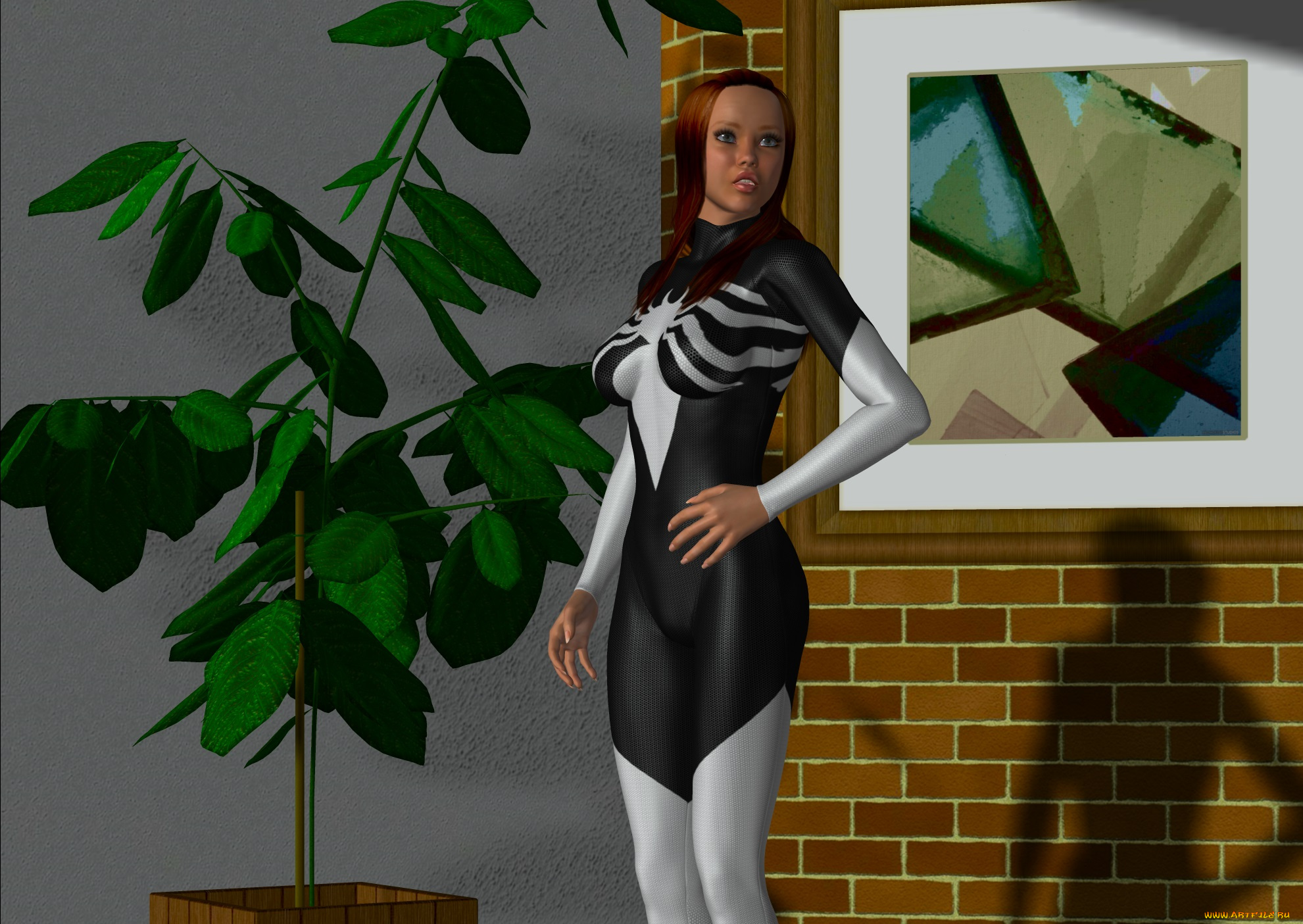 3д, графика, люди, , people, девушка, взгляд, фон, растение, стена