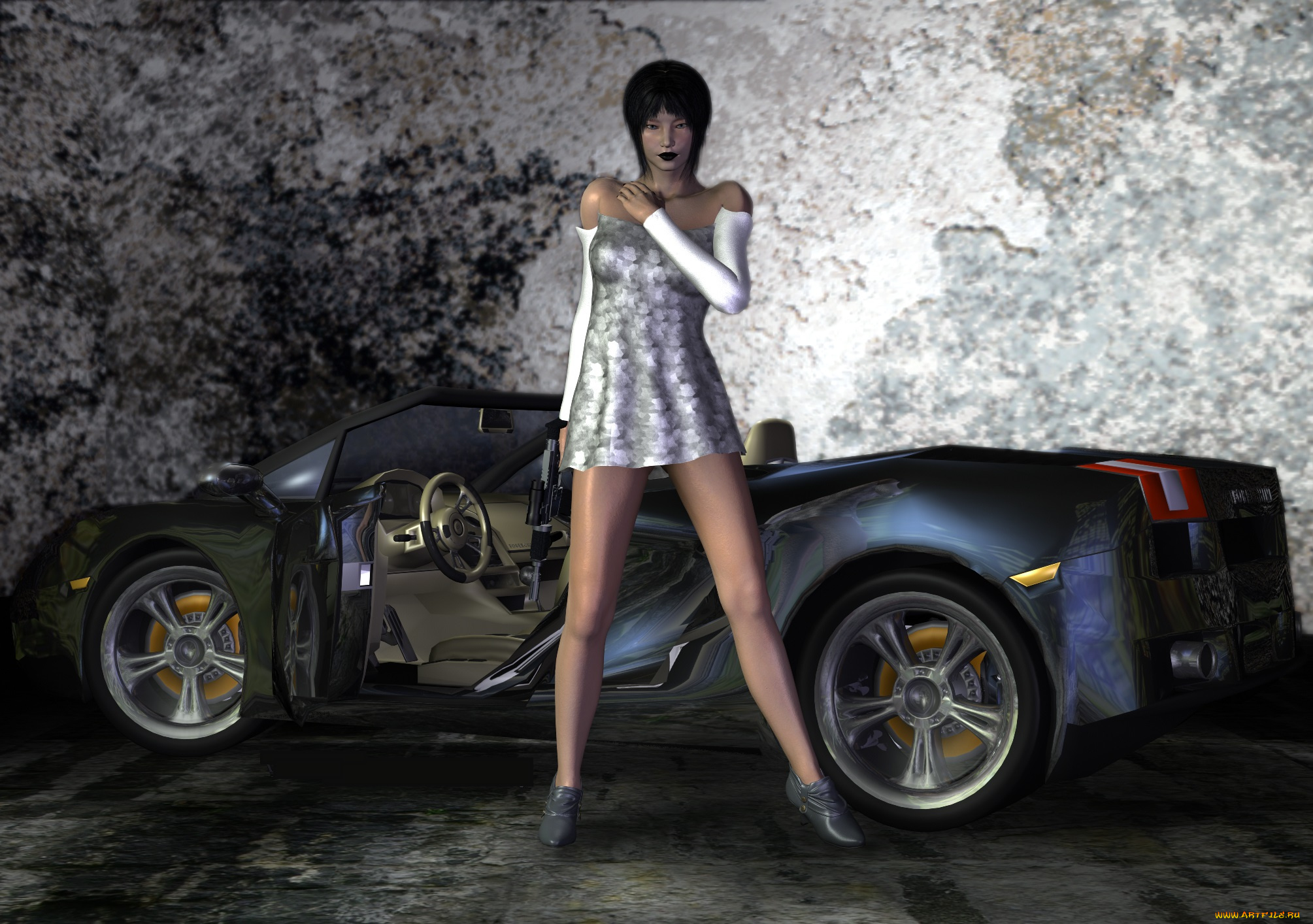 автомобили, 3d, car&girl, девушка, взгляд, фон, автомобиль