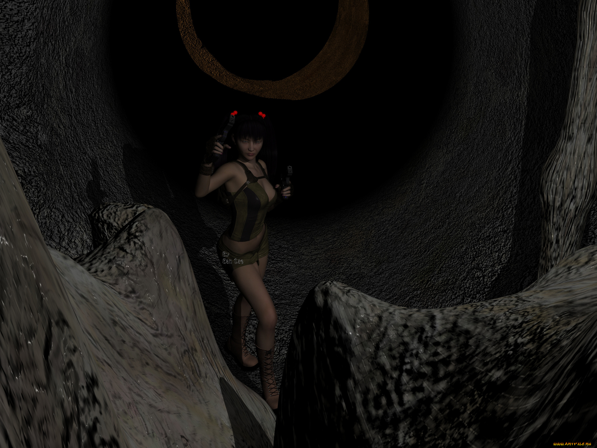 3д, графика, фантазия, , fantasy, девушка, оружие, фон, взгляд