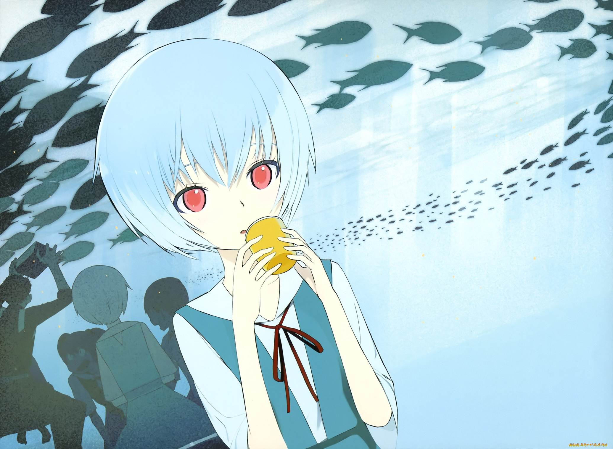 аниме, evangelion, арт, девушка, genesis, neon, рыбы, чашка, взгляд