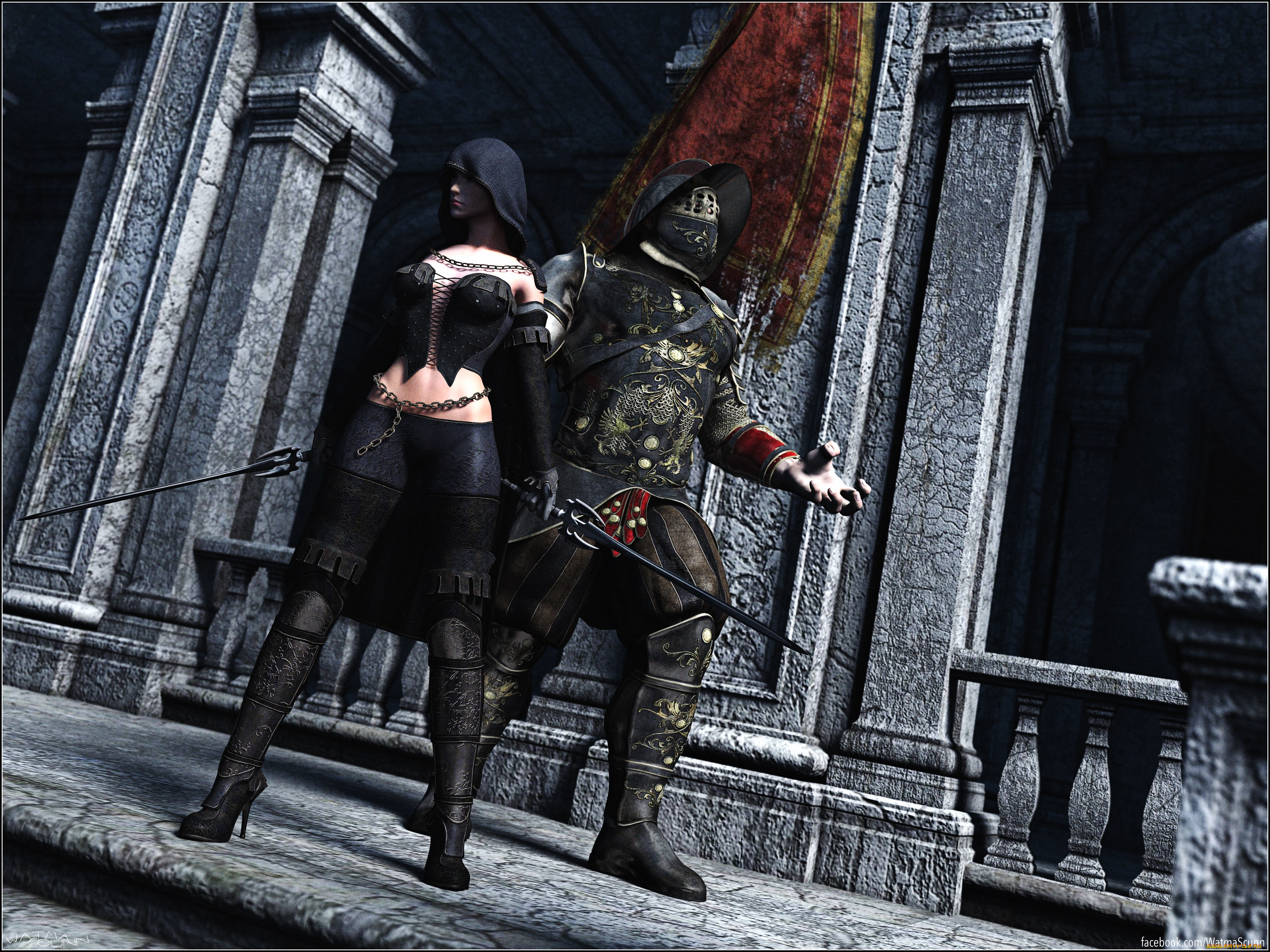 3д, графика, фантазия, , fantasy, девушка, мужчина, оружие