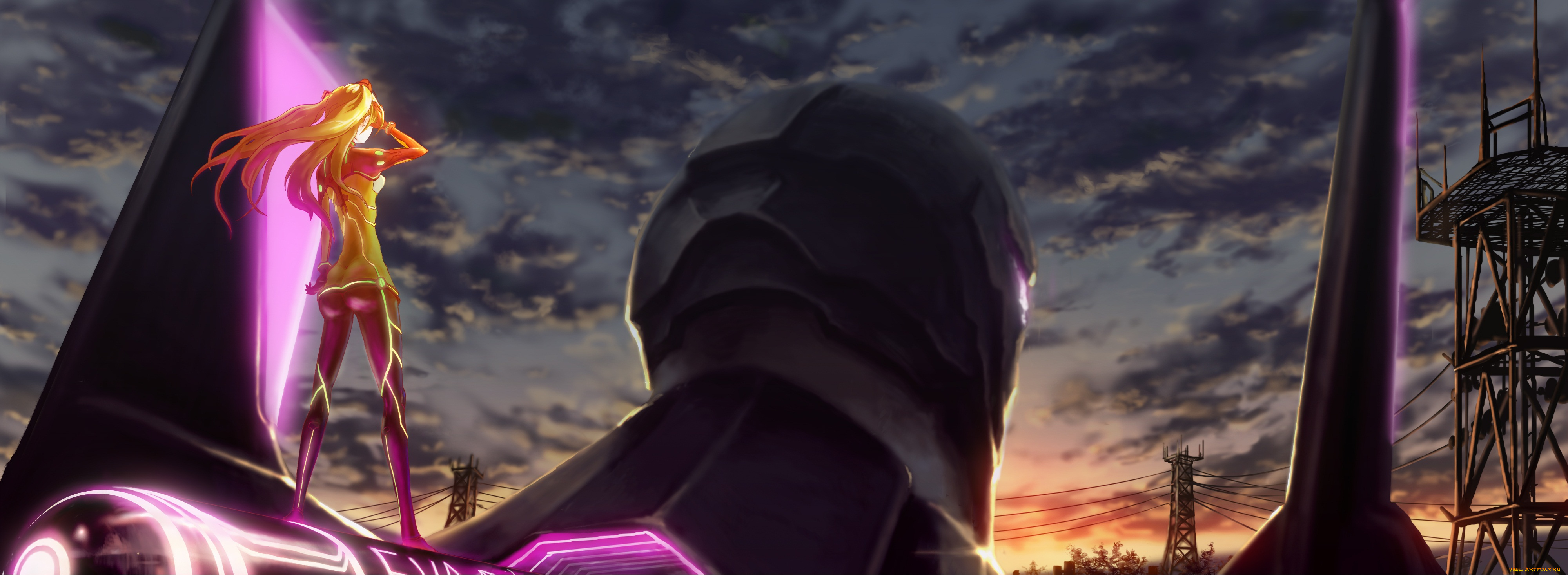 аниме, evangelion, облака, вечер, робот, закат, небо, девушка, genesis, neon