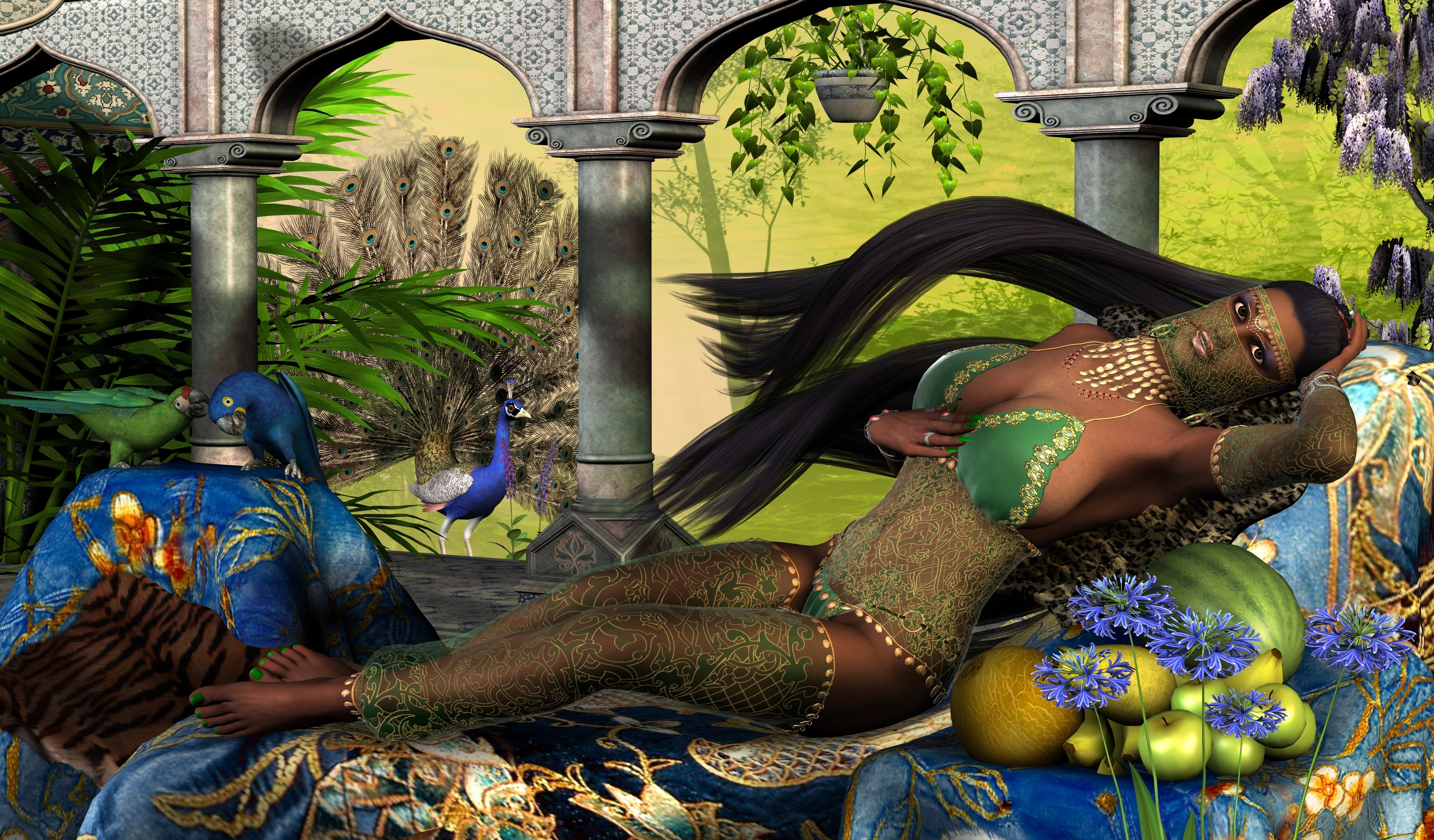 3д, графика, люди, , people, лежит, девушка, взгляд, фрукты