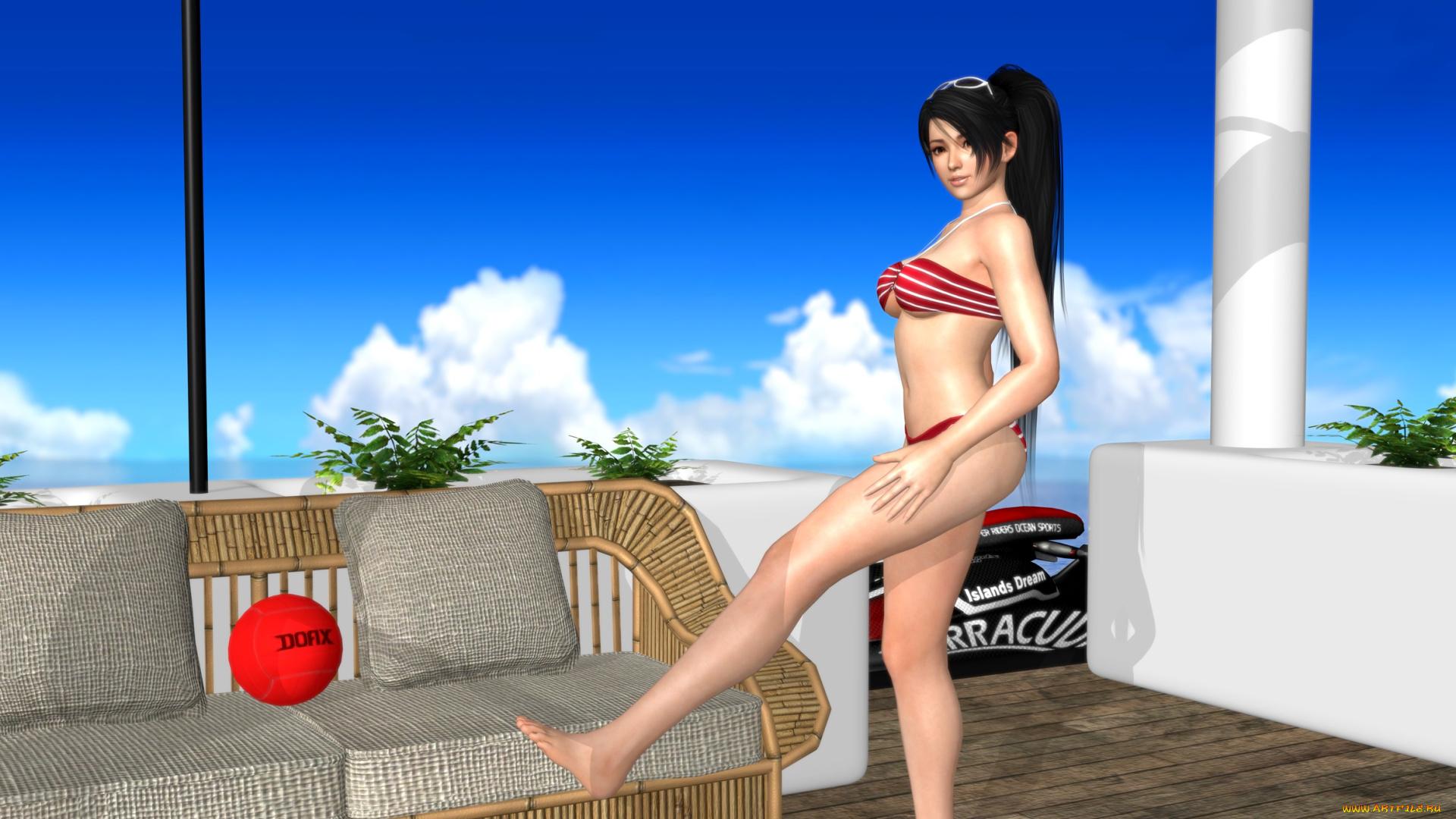 3д, графика, аниме, , anime, диван, мяч, фон, взгляд, девушка