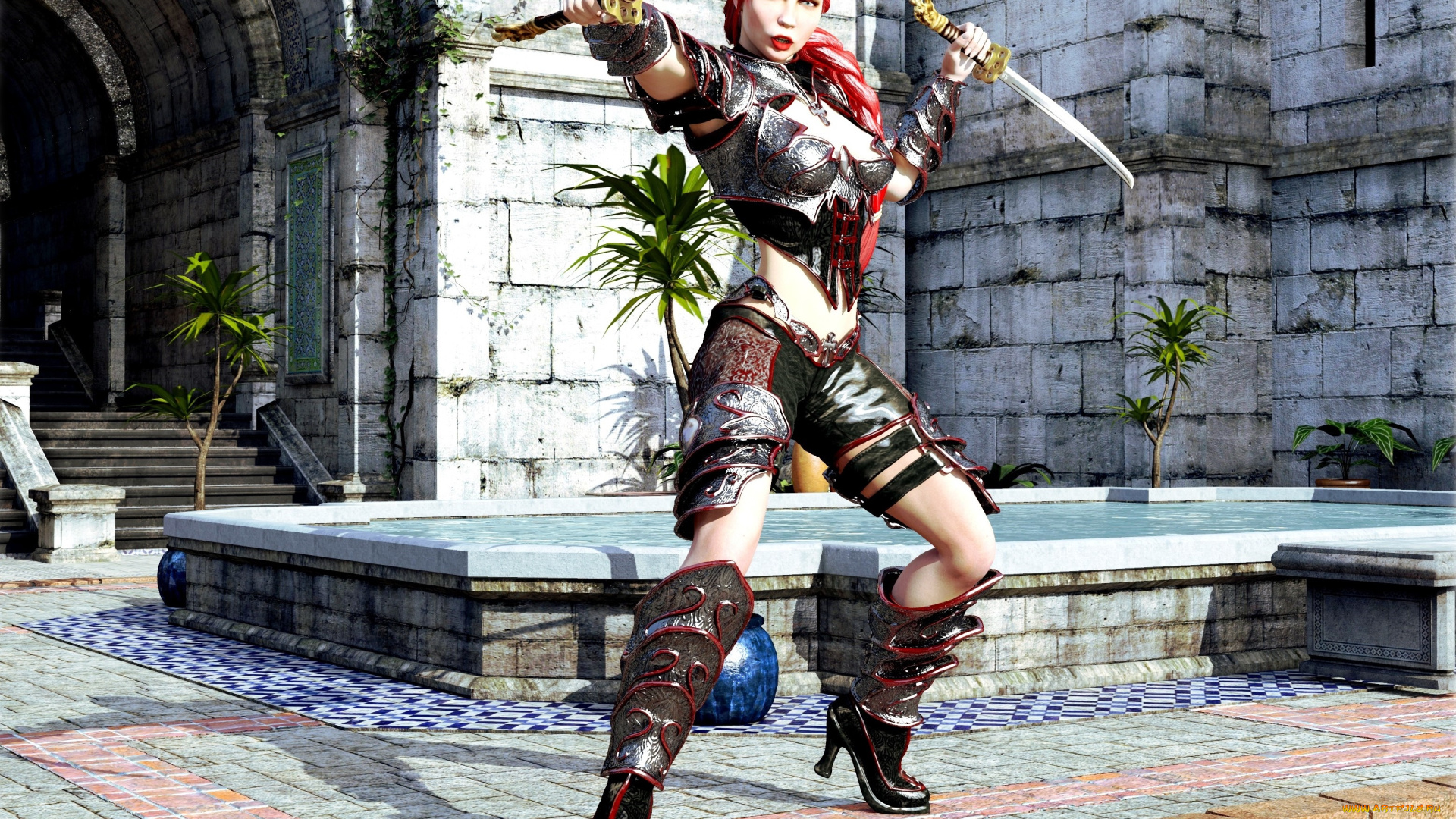 3д, графика, фантазия, , fantasy, девушка, оружие, фон, взгляд