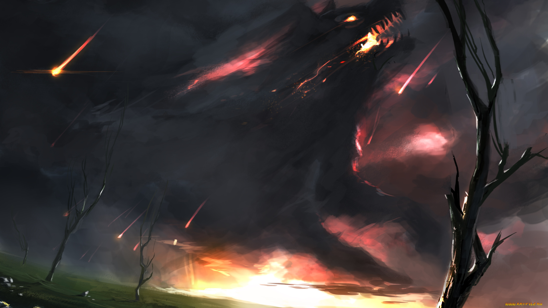 фэнтези, оборотни, арт, фантастика, оборотень, зверь, ночь, огонь, тучи, мрак