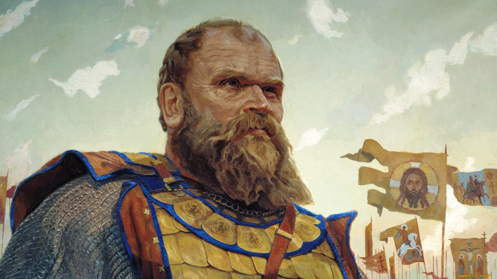 герой, куликовской, битвы, боброк, волынский, рисованное, виктор, маторин, взгляд, воин, борода, войско, кольчуга, флаги, знамена