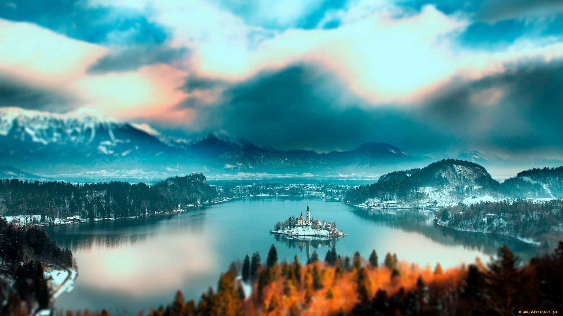 города, -, пейзажи, река, остров, здание, горы, лес, осень, небо, облака, бирюзовый, рыжий, пейзаж, природа