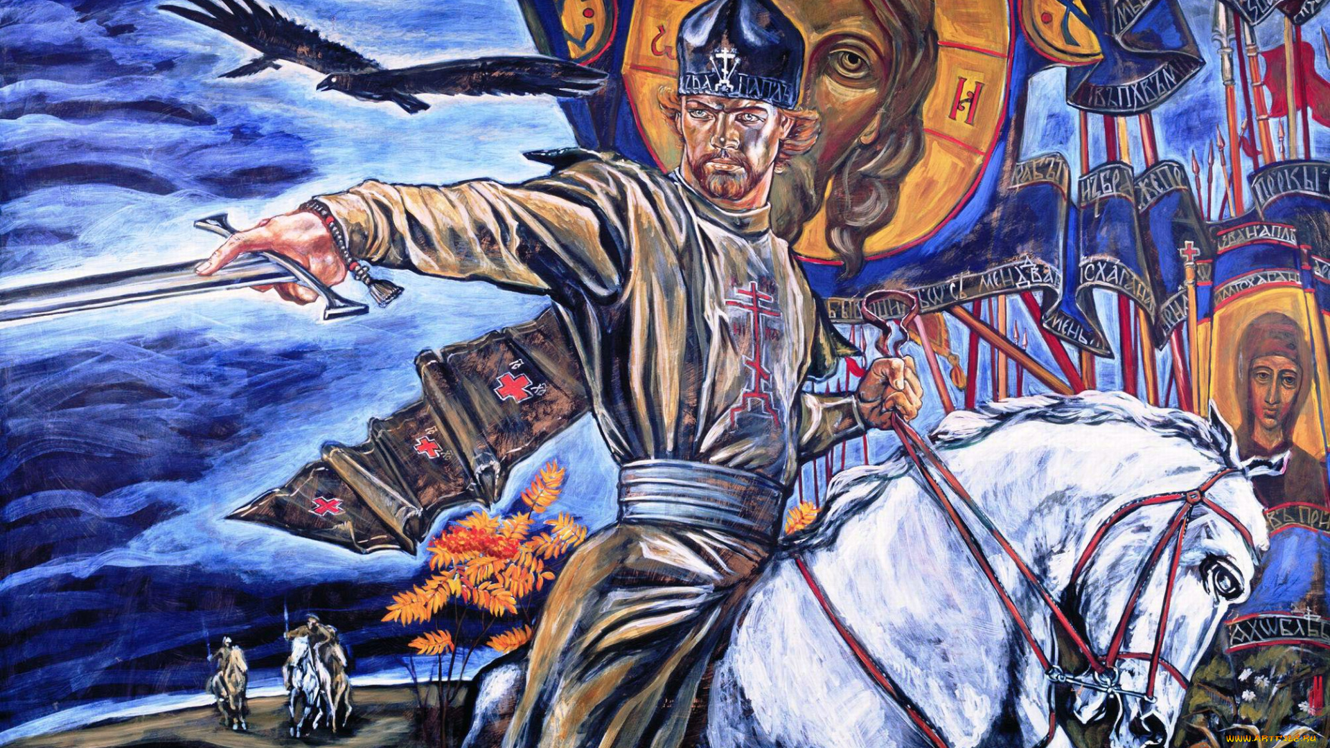 куликово, поле, рисованное, люди, князь, кони, всадники, птицы, флаги, знамена, войско