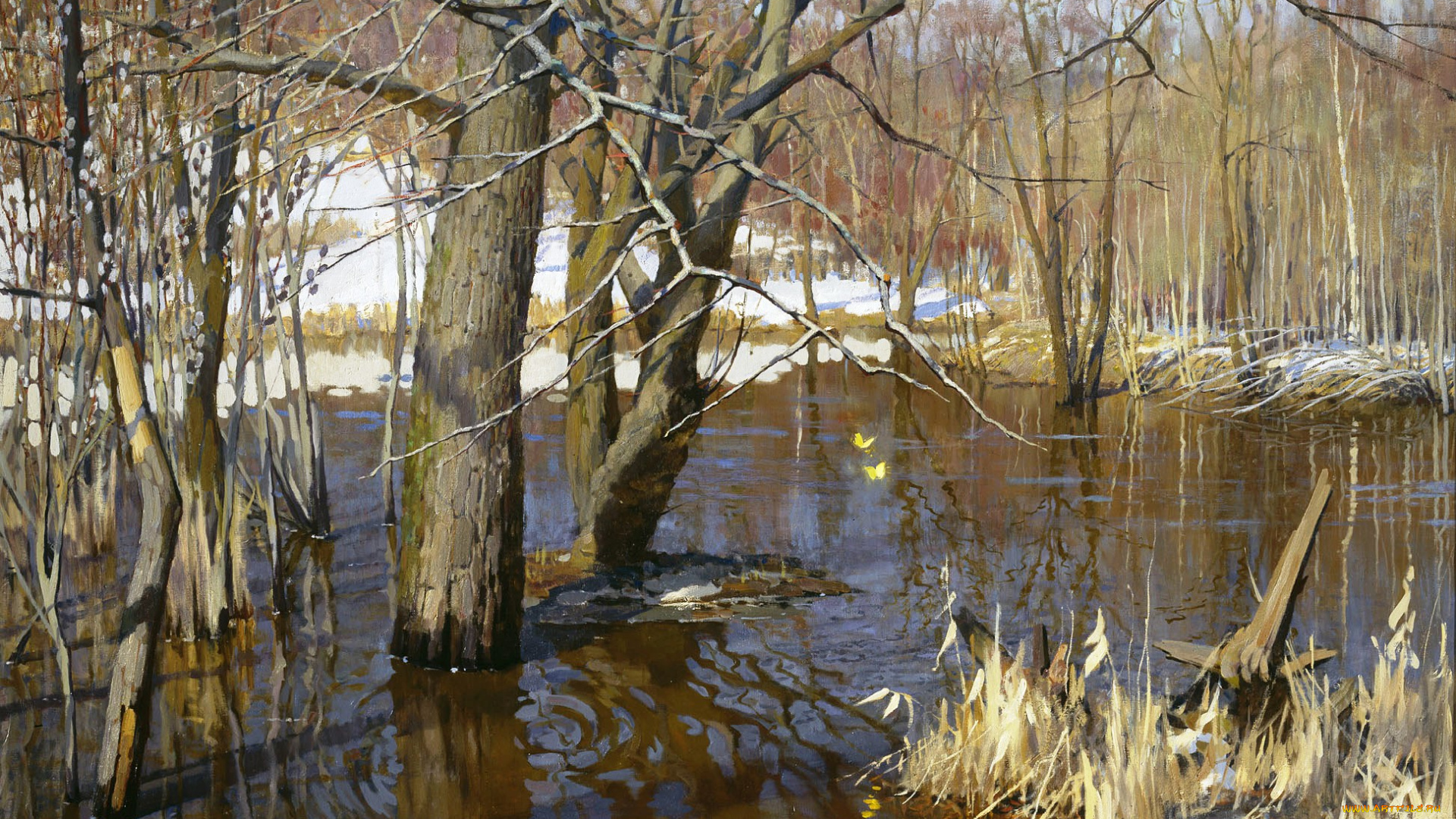 разлив, сетуни, -, зяблов, Ярослав, рисованное, живопись, река, деревья, весна, снег, вода, половодье